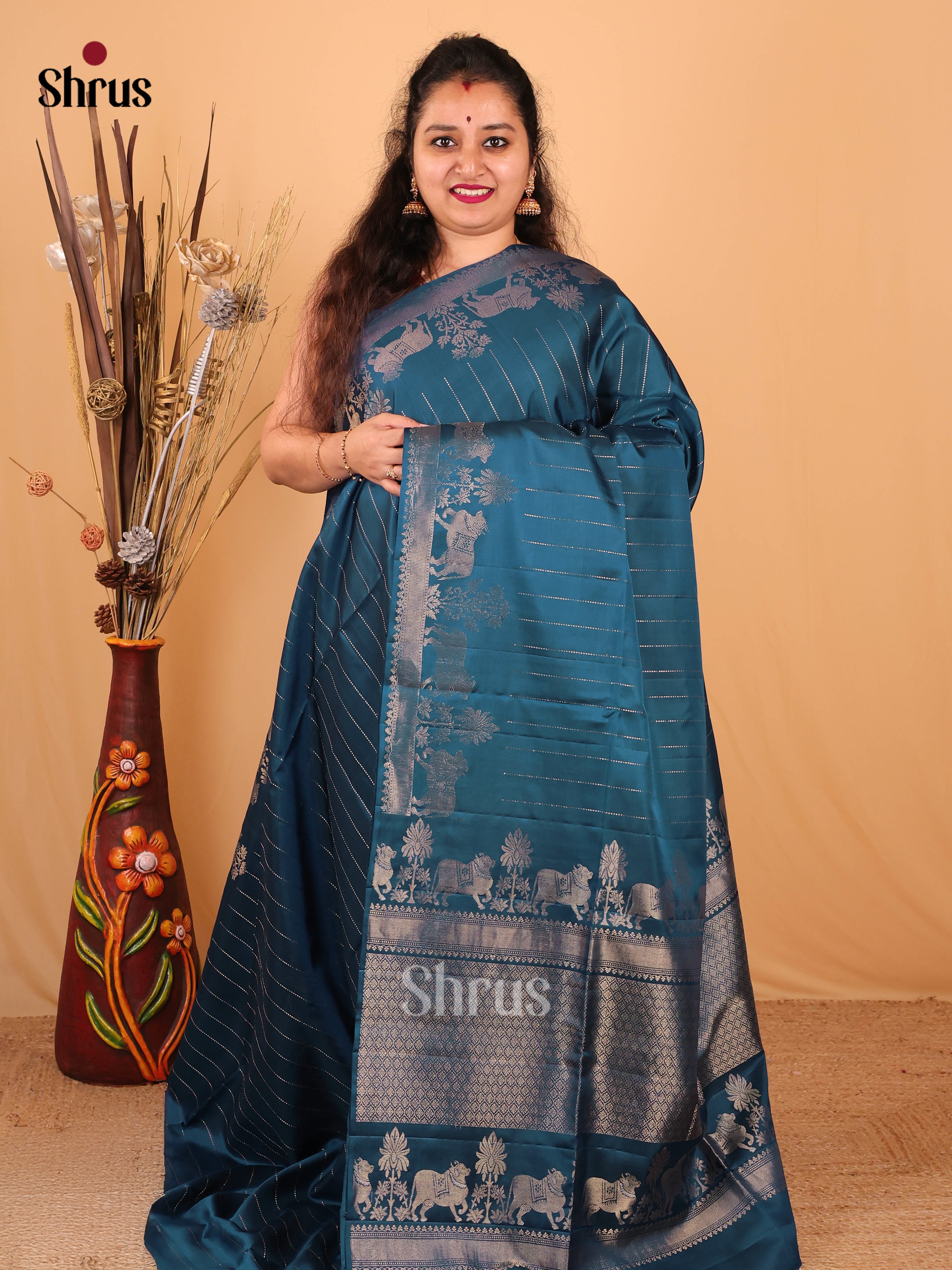Mystical Blue Striped Soft Silk Saree with Cow Butta Border & Zari Pallu - Shop on Shrus.com