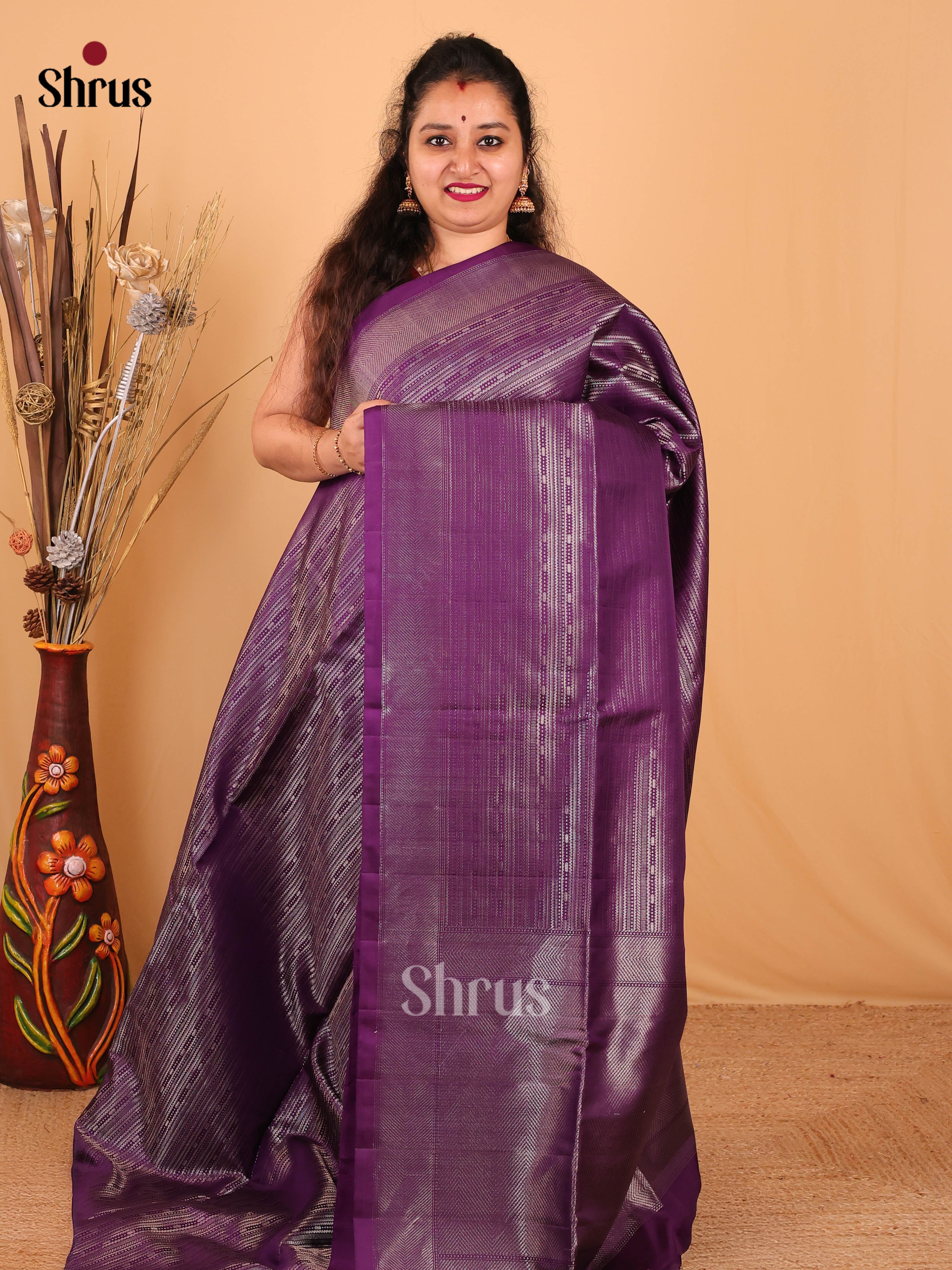 Luminous Violet Soft Silk Saree with Lavish Zari Floral Brocade & Self Pallu-1