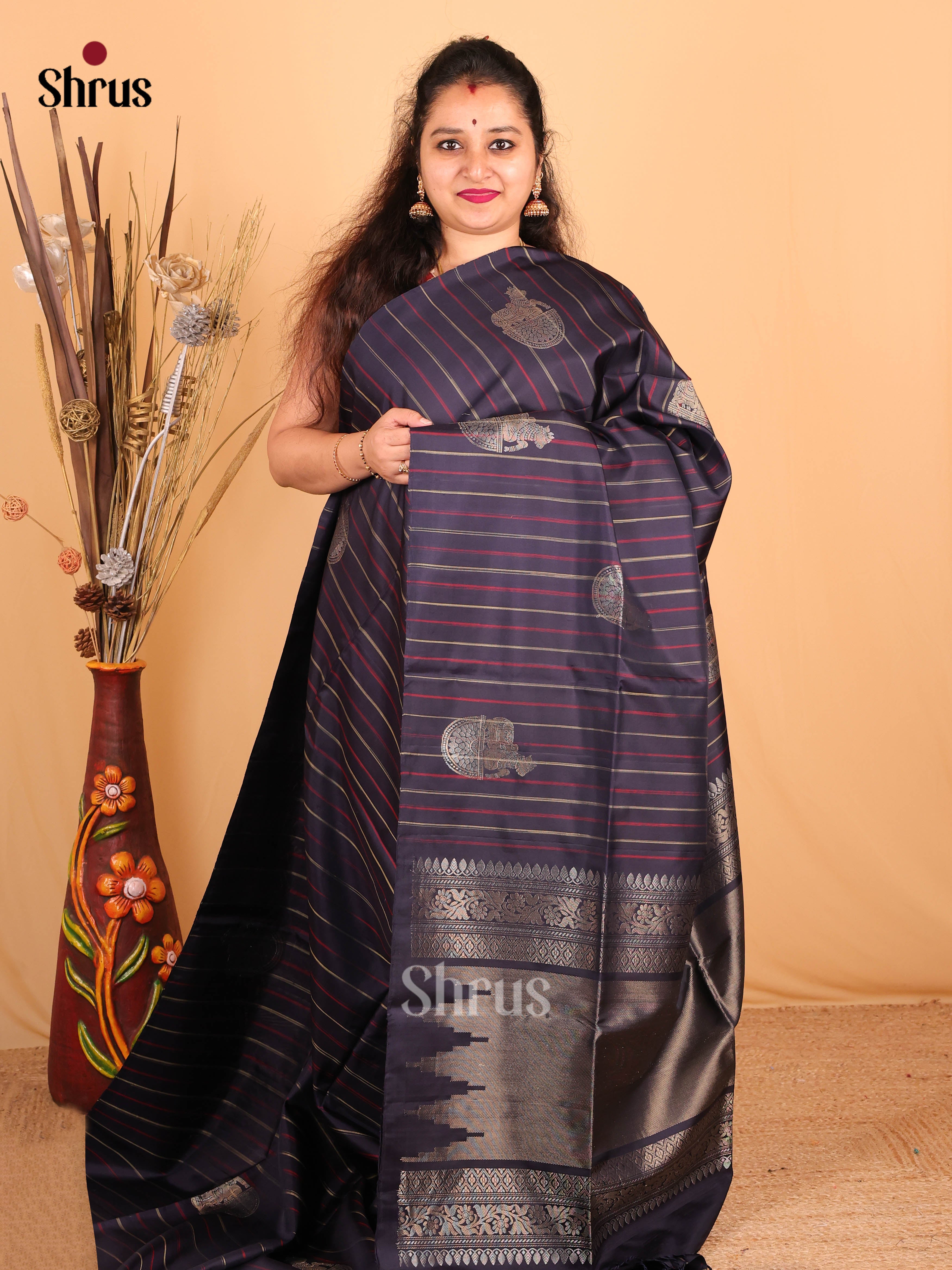 Exquisite Dark Blue Soft Silk Saree with Cow Buttas & Zari Brocade Pallu - Shop on Shrus.com