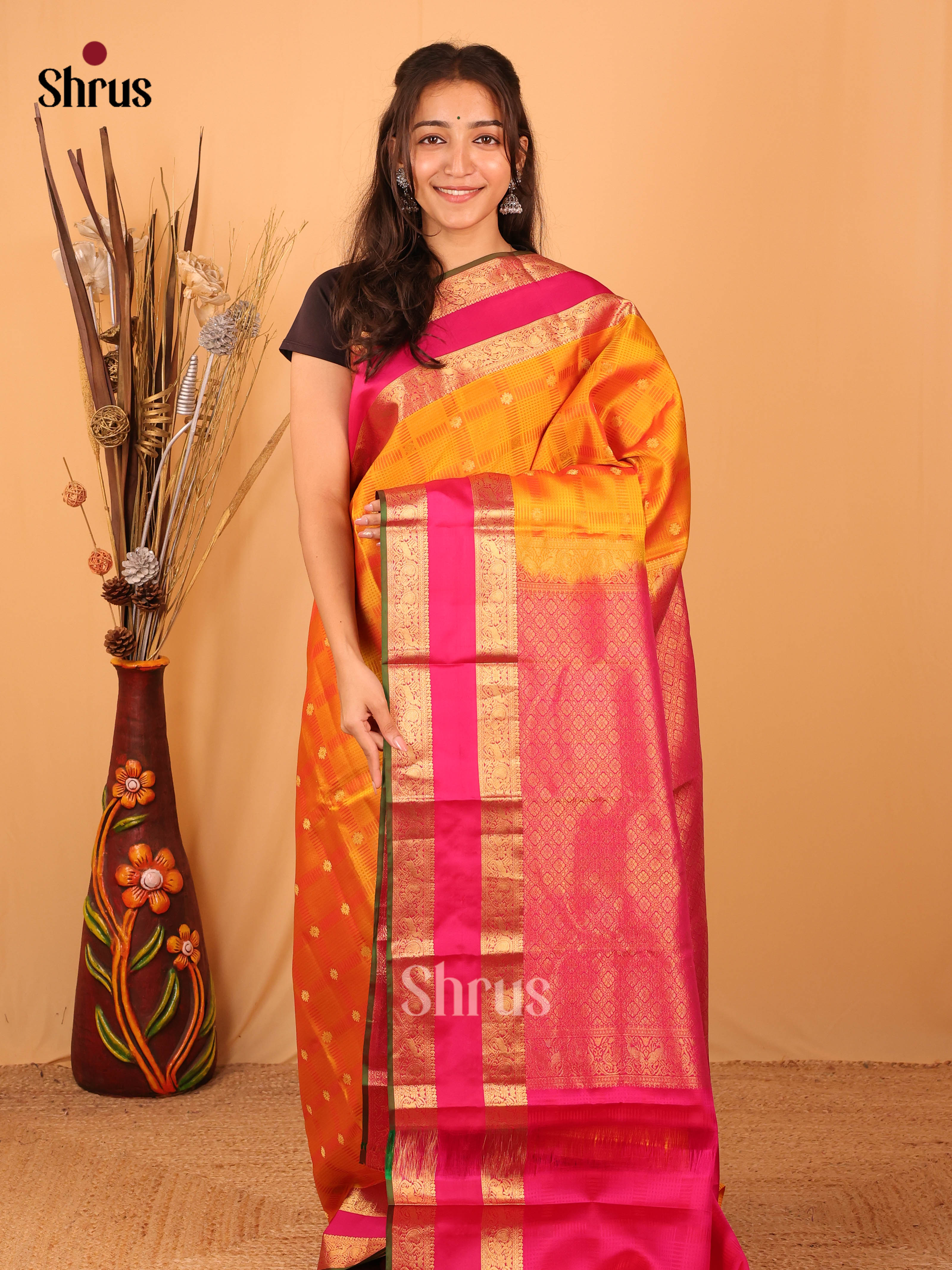 Mango Yellow & Pink - Kanchipuram silk Saree - Shop on Shrus.com