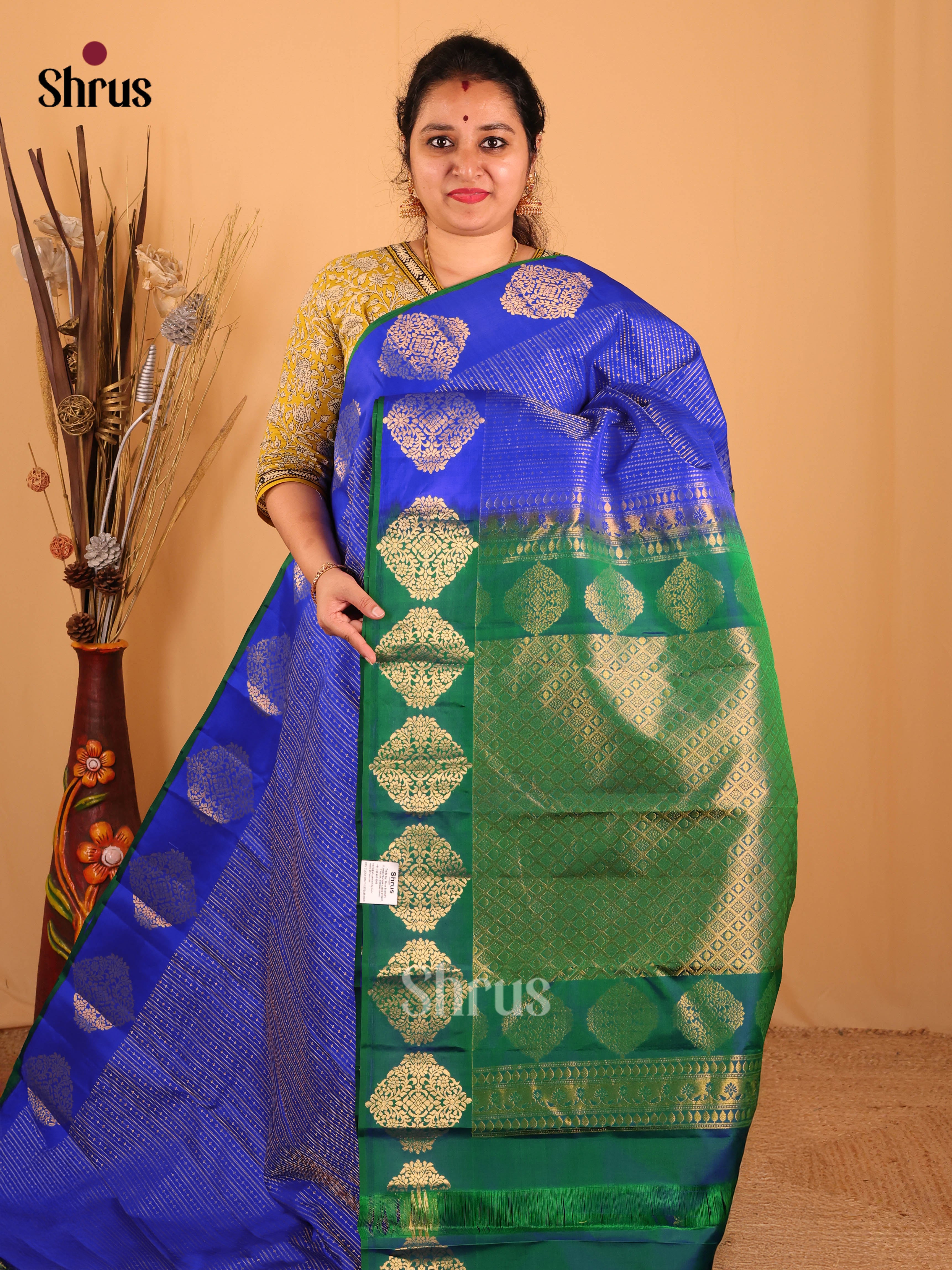MS Blue and Green Pure Kanchipuram silk Saree Adorned With Zari Woven Stripes - Shop on Shrus.com