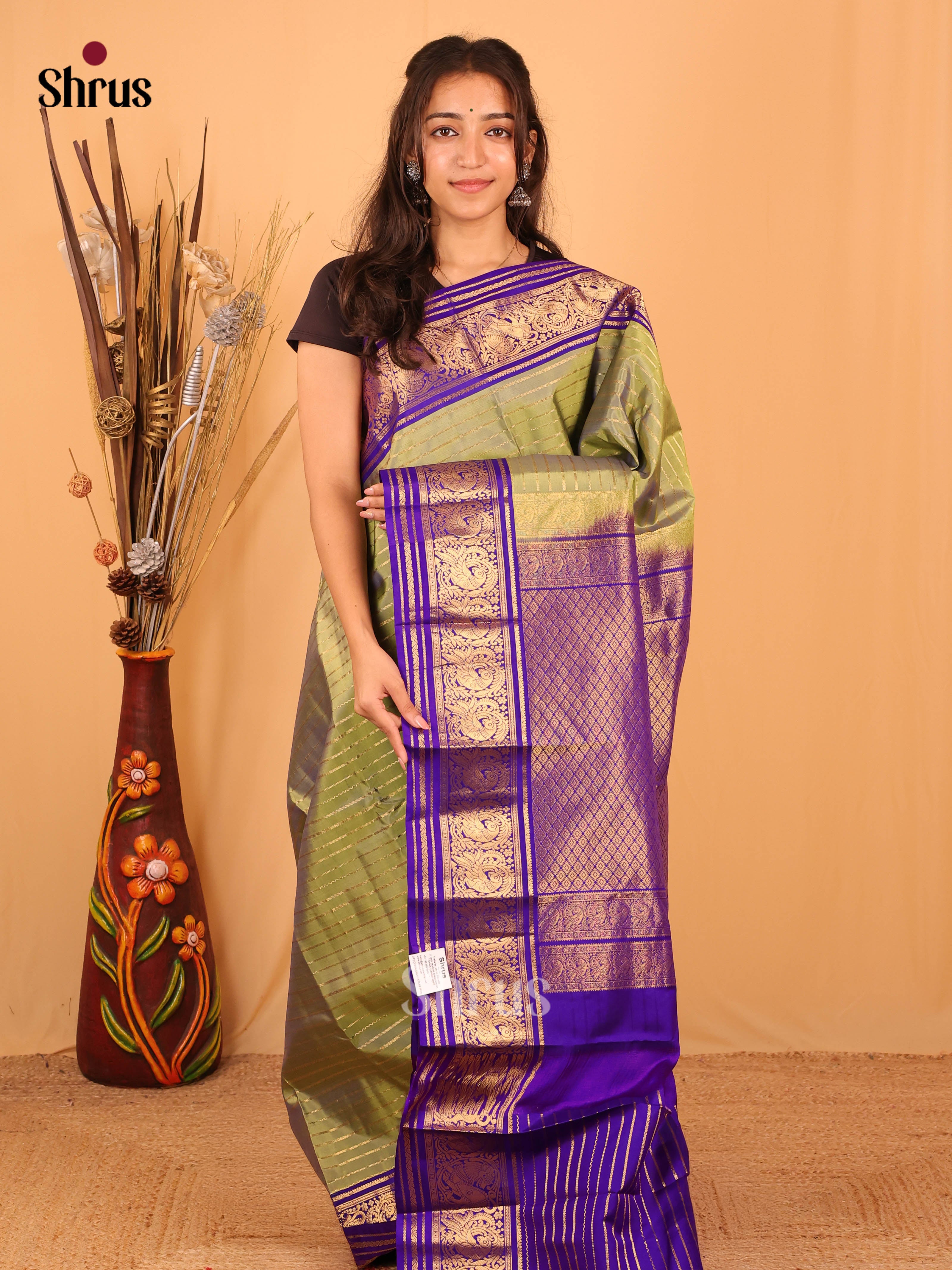 Mint Green & Purple - Kanchipuram silk Saree - Shop on Shrus.com