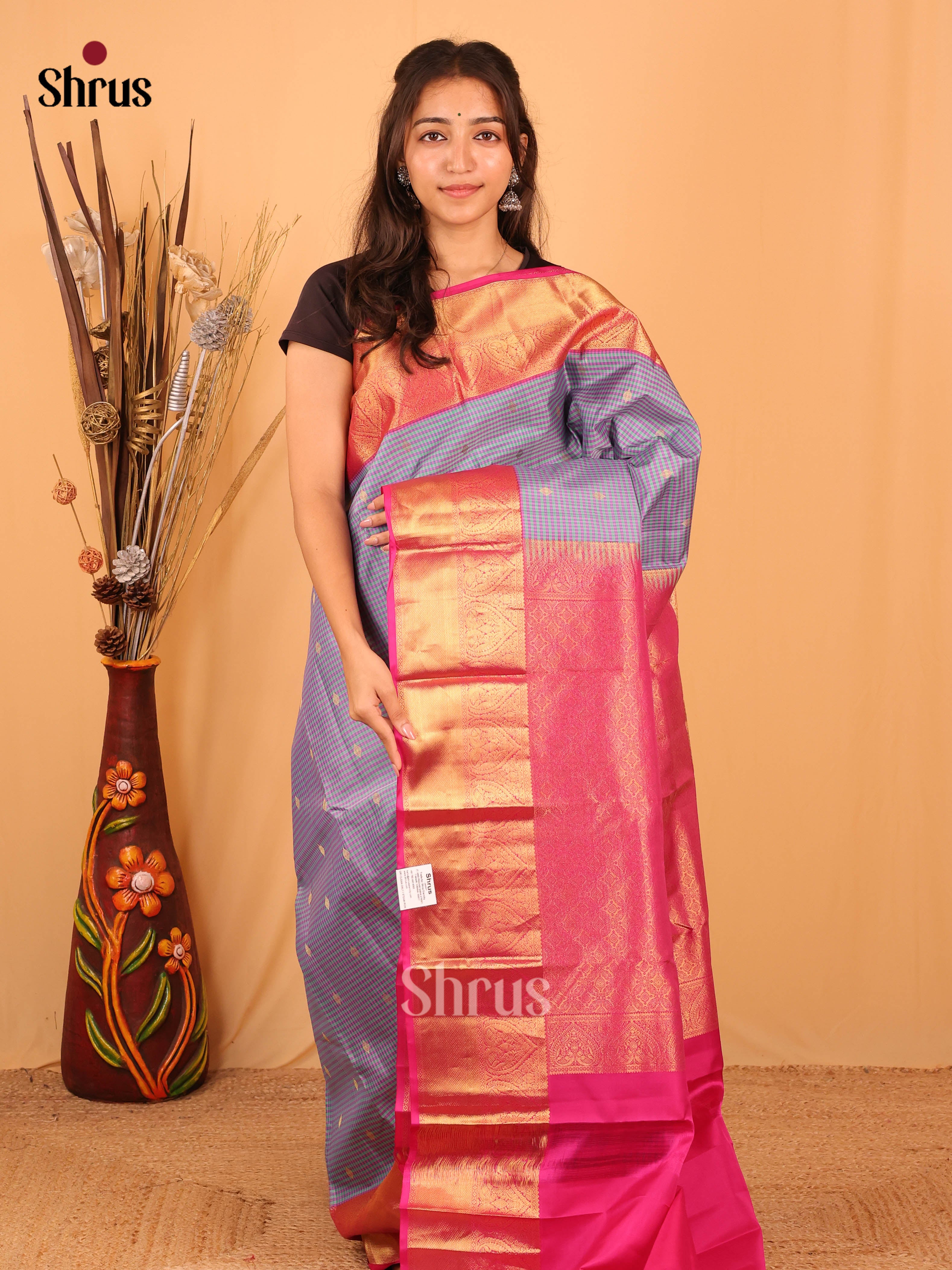 Greyish Blue & Pink - Kanchipuram silk Saree - Shop on Shrus.com