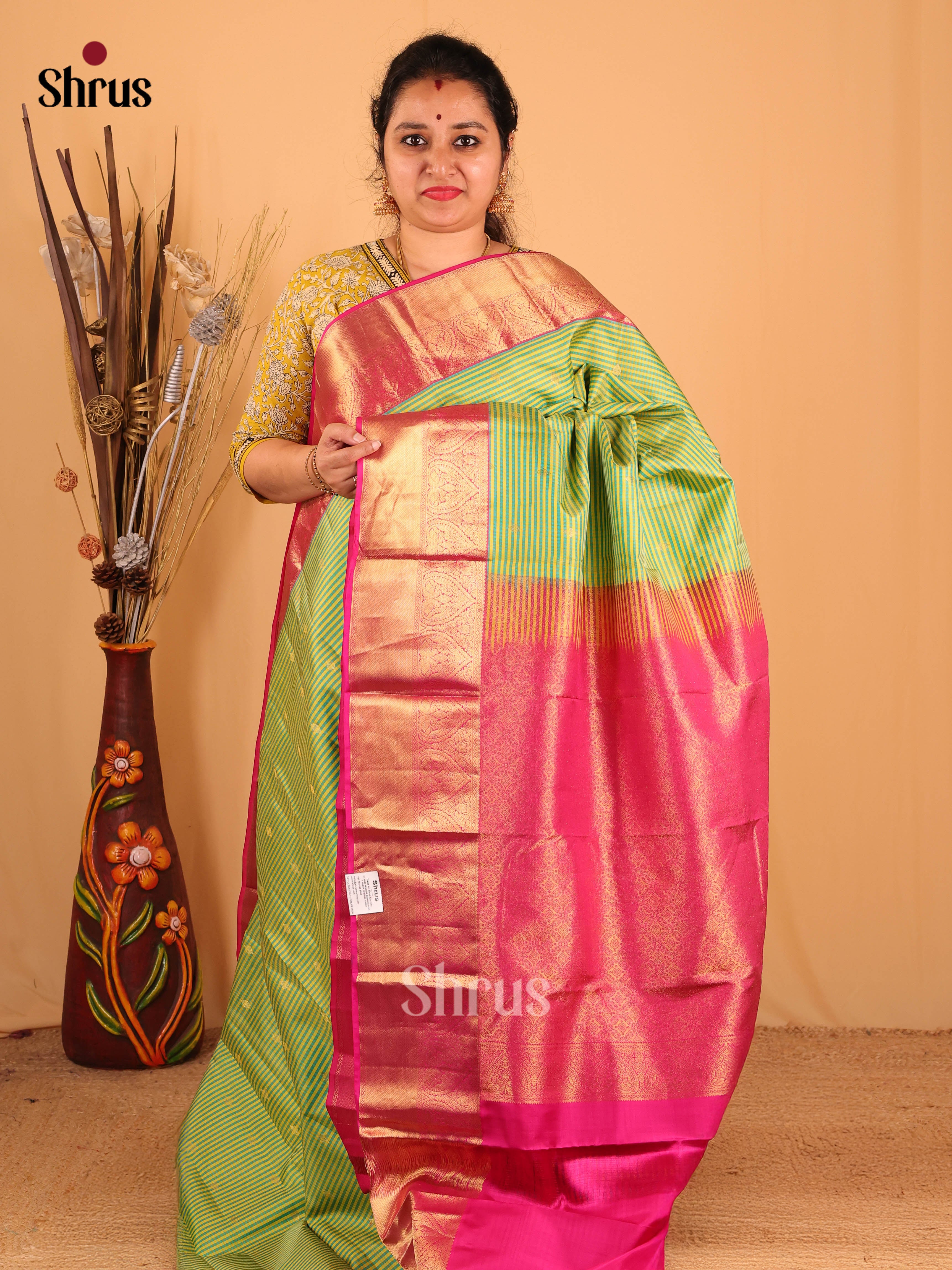 Green & Pink - Kanchipuram silk Saree - Shop on Shrus.com