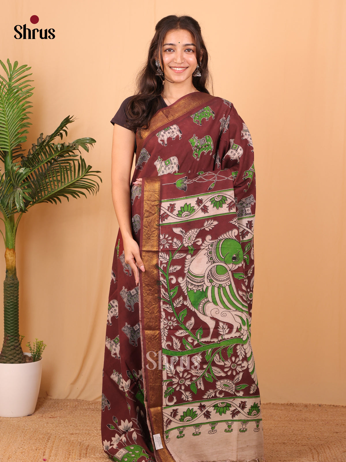 Brown & White - chennur-kalamkari Saree - Shop on Shrus.com