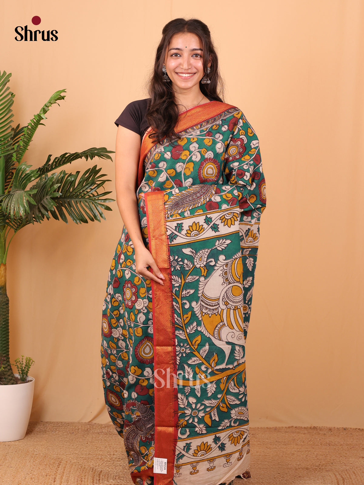 Green & Red - chennur-kalamkari Saree - Shop on Shrus.com