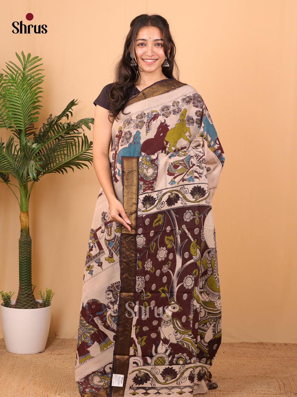 White & Brown- chennur-kalamkari Saree - Shop on Shrus.com