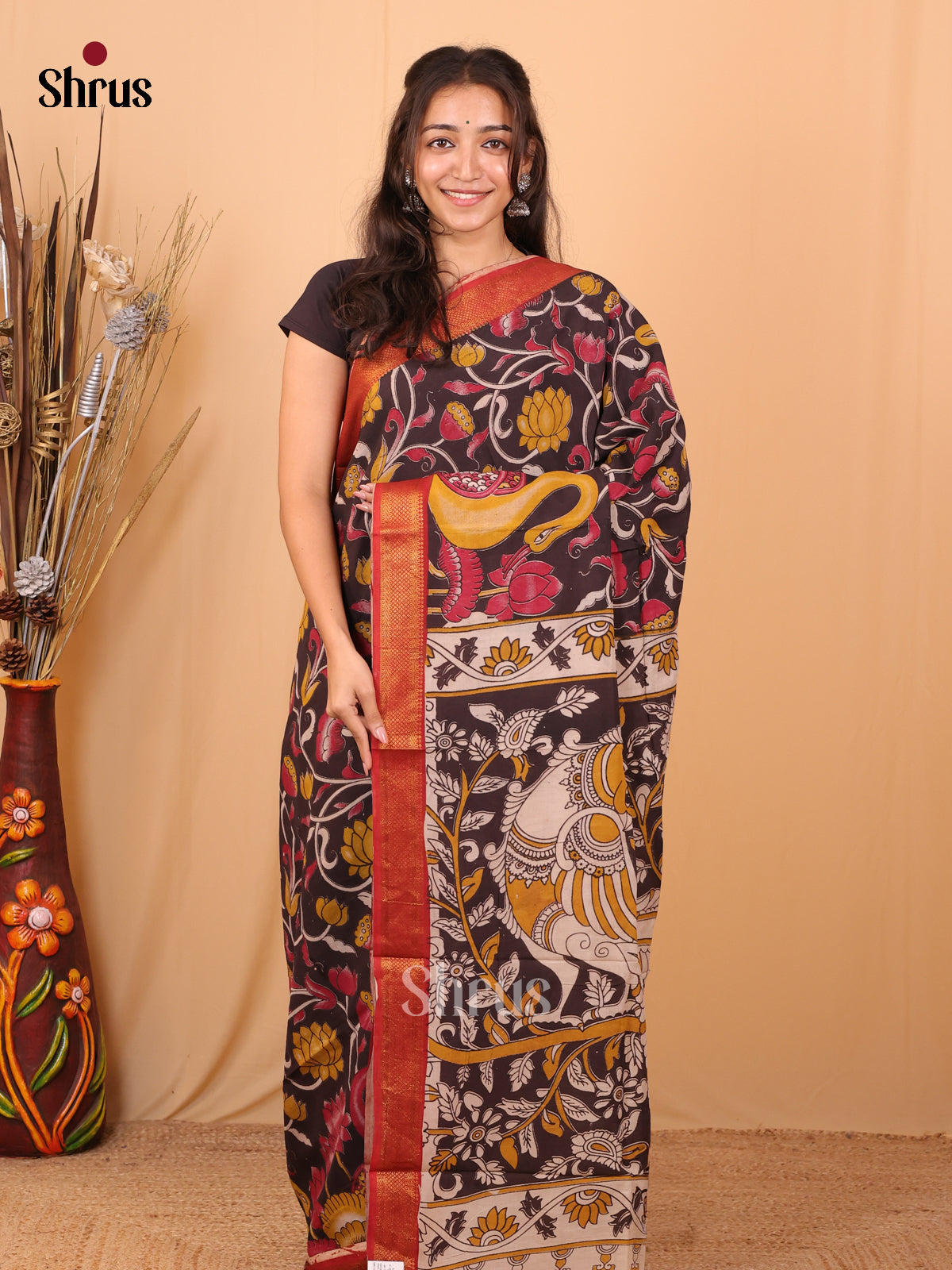 Black & Red- chennur-kalamkari Saree - Shop on Shrus.com