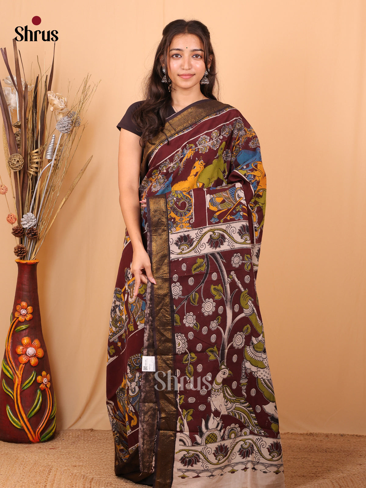 Maroon & White - chennur-kalamkari Saree - Shop on Shrus.com