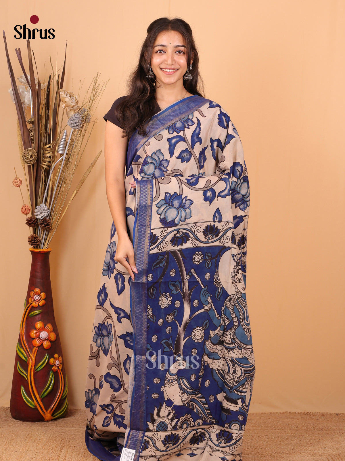 Cream & Blue - chennur-kalamkari Saree - Shop on Shrus.com