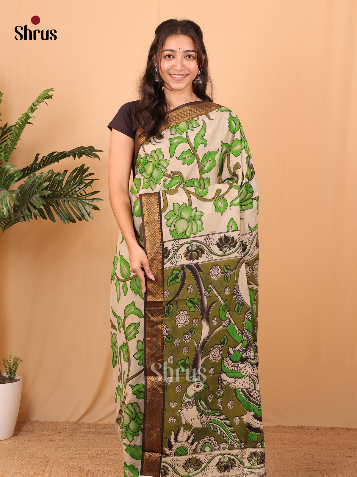 Cream & Green - chennur-kalamkari Saree - Shop on Shrus.com