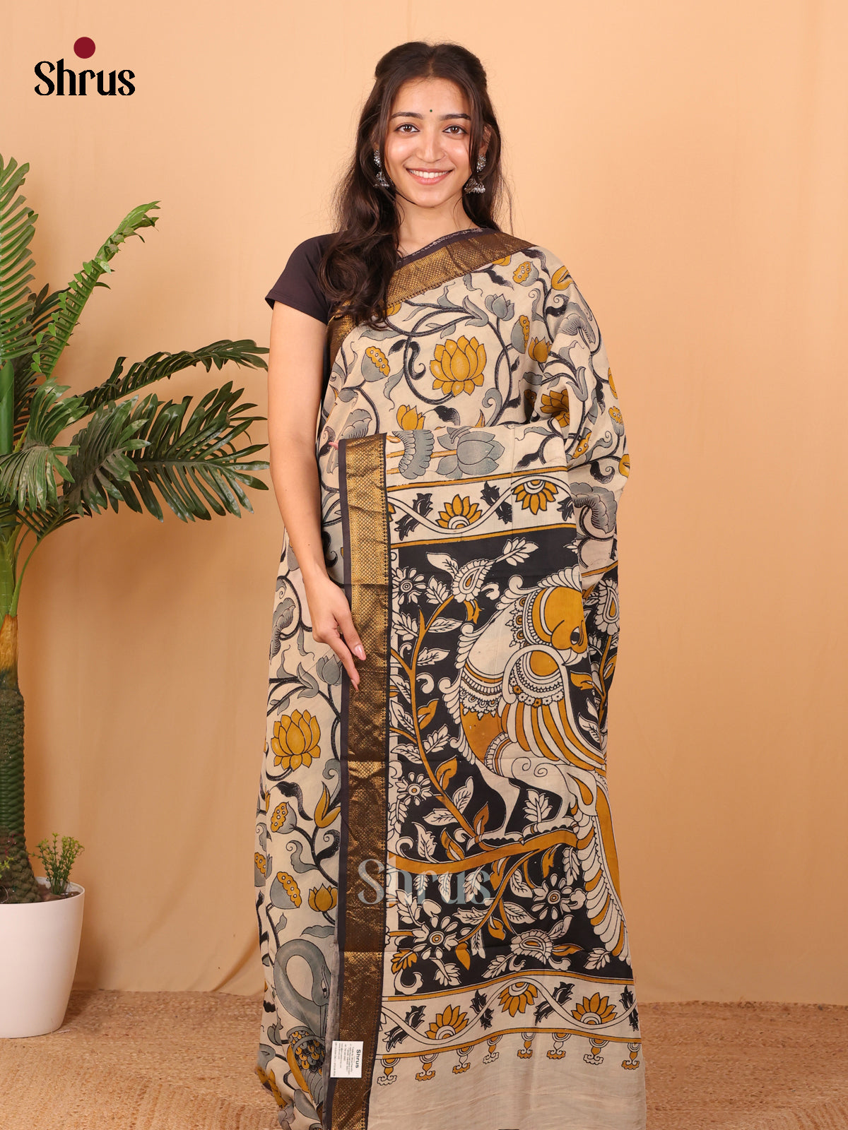 Cream & Black - chennur-kalamkari Saree - Shop on Shrus.com