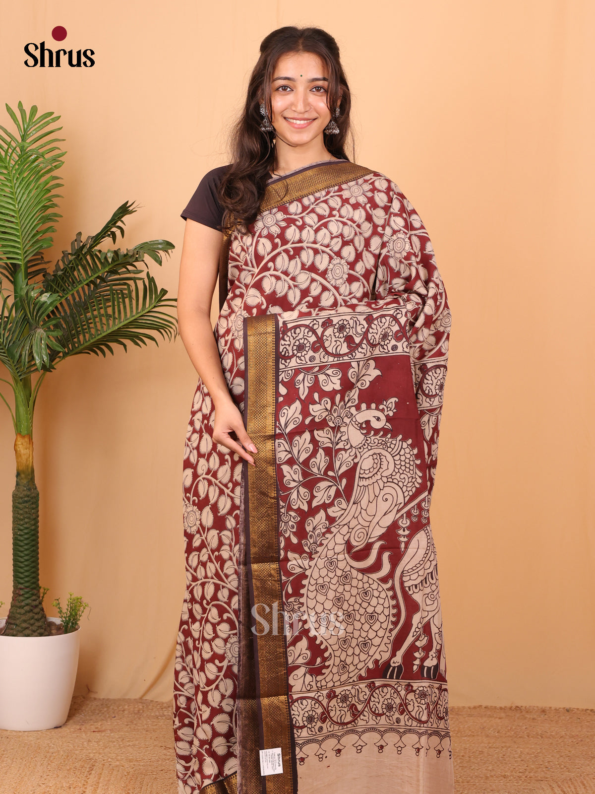 Maroon & White - chennur-kalamkari Saree - Shop on Shrus.com
