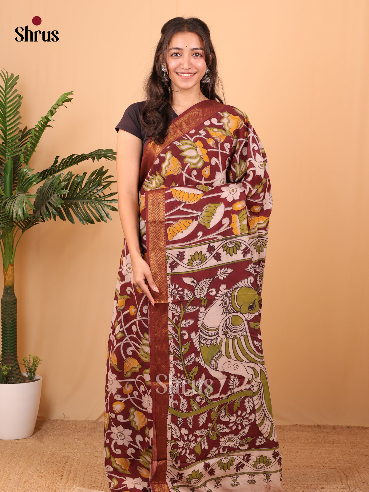 Maroon & White- chennur-kalamkari Saree - Shop on Shrus.com