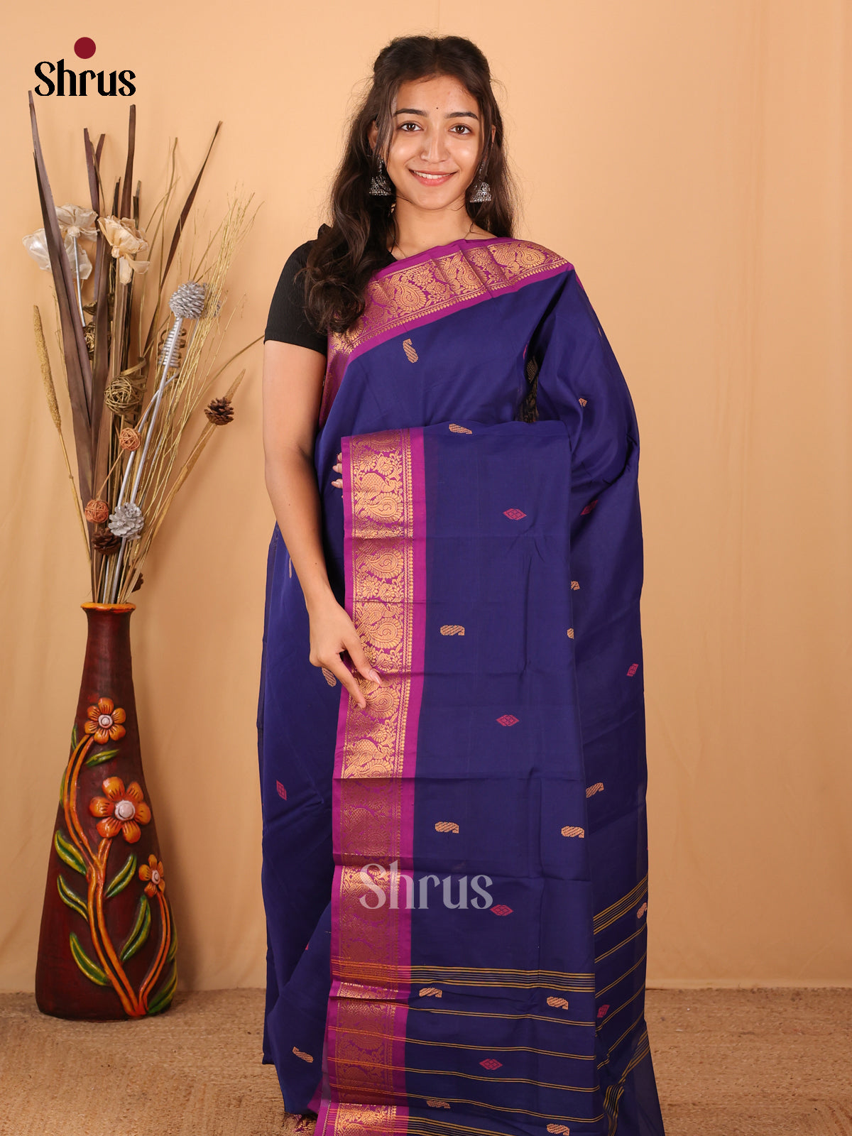 Blue & Majenta - Chettinad Mix Cotton Saree - Shop on Shrus.com