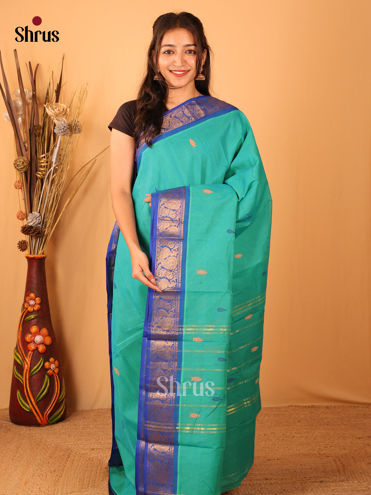 Teal & Blue - Chettinad Mix Cotton Saree - Shop on Shrus.com