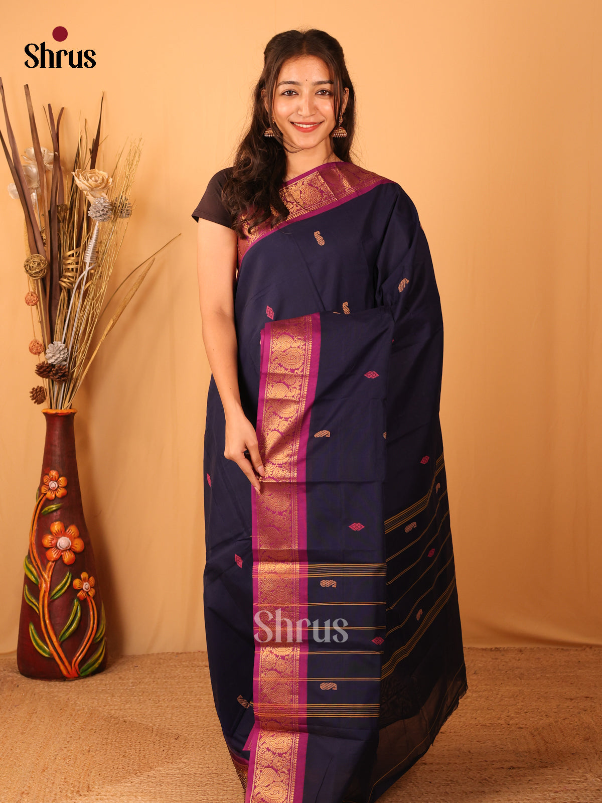 Blue & Purple - Chettinad Mix Cotton Saree - Shop on Shrus.com