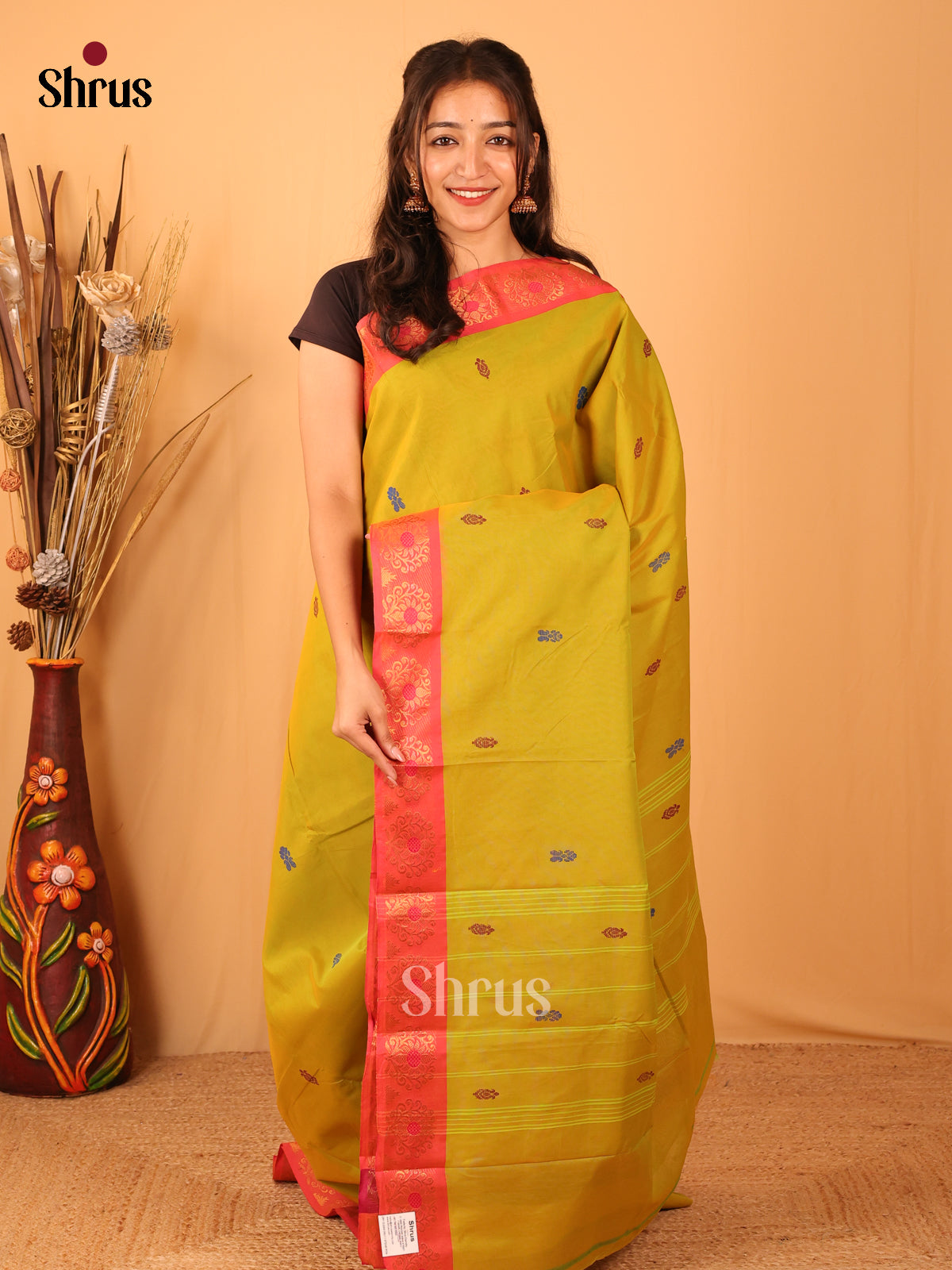 Mustardy Green & Orange- Chettinad Mix Cotton Saree - Shop on Shrus.com