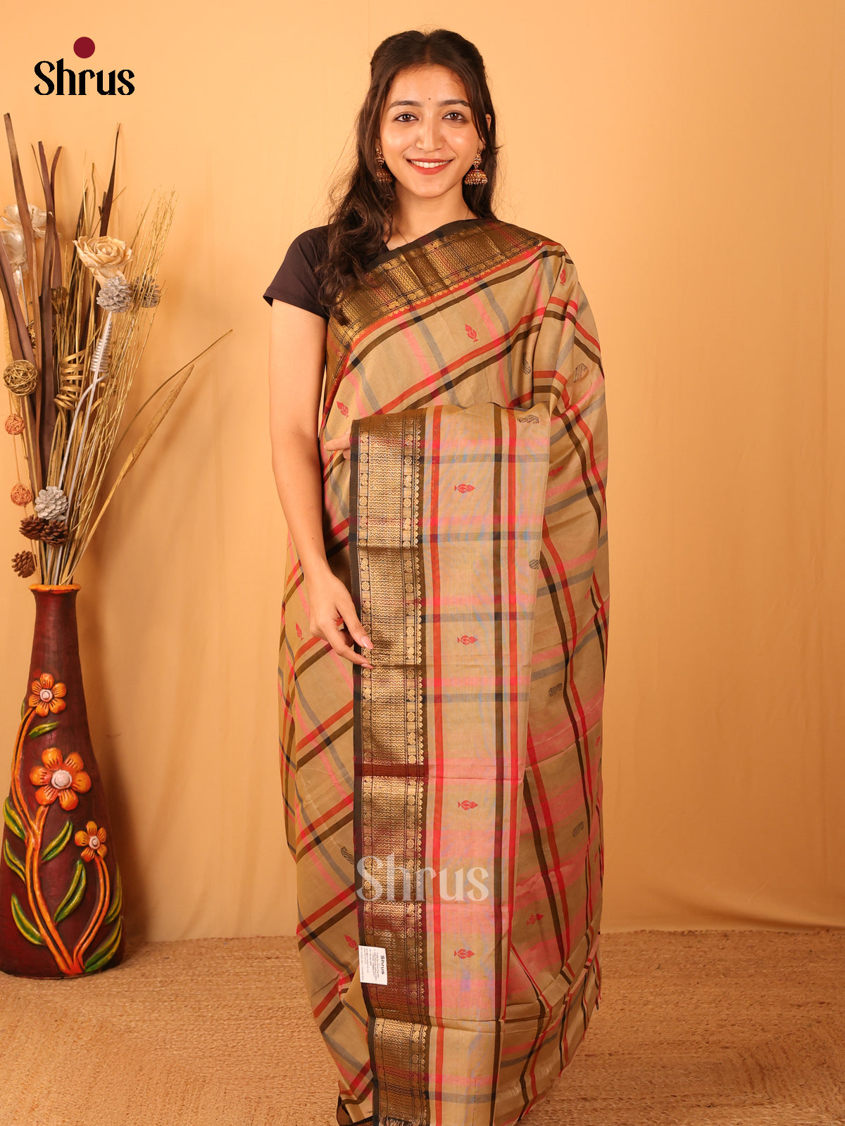 Beige & Black - Chettinad Mix Cotton Saree - Shop on Shrus.com