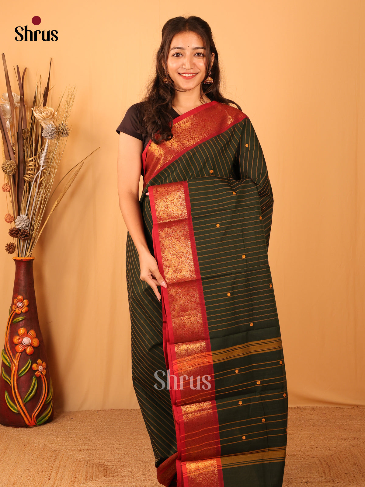 Dark Green & Red - Chettinad Mix Cotton Saree - DBS08033 - Shop on Shrus.com