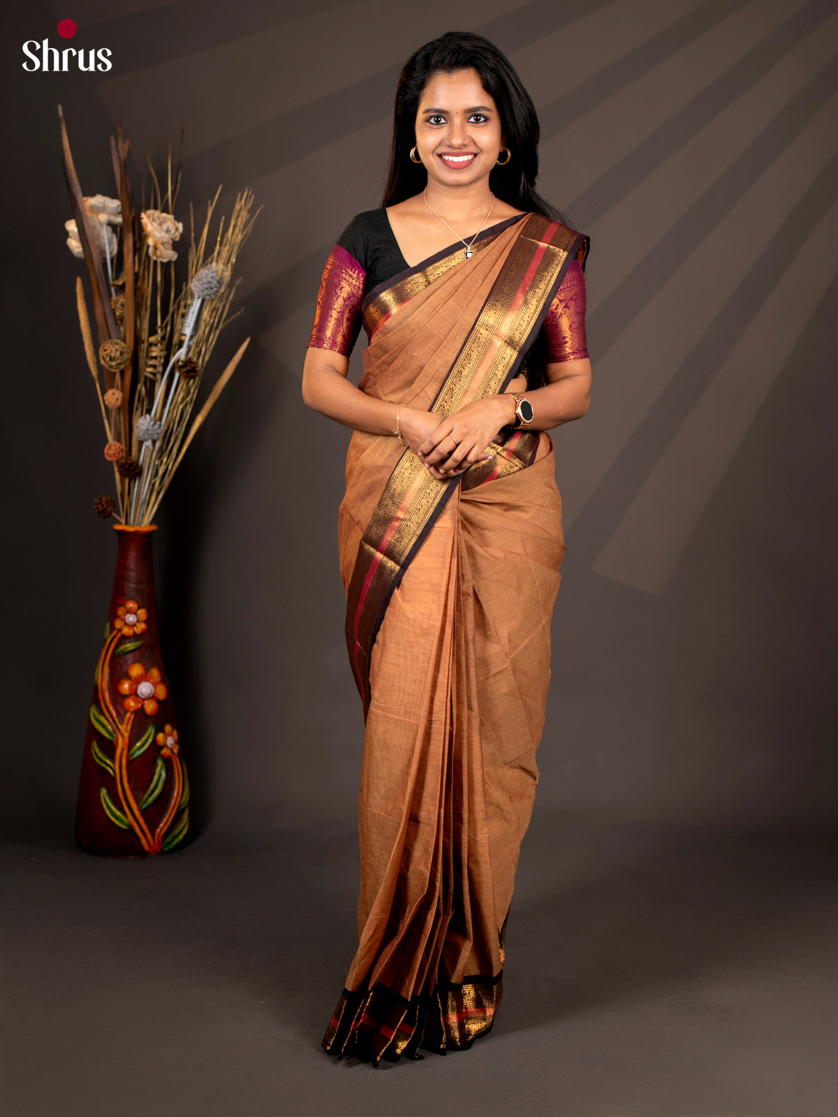 Lite Brown & Brown- Chettinad Cotton Saree - Shop on Shrus.com