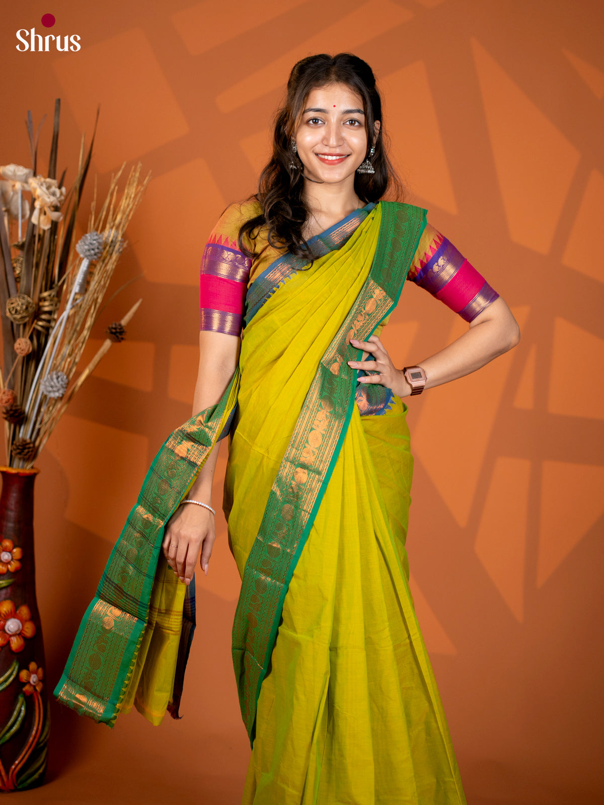 Lite Green & Blue- Chettinad Mix Cotton Saree - Shop on Shrus.com