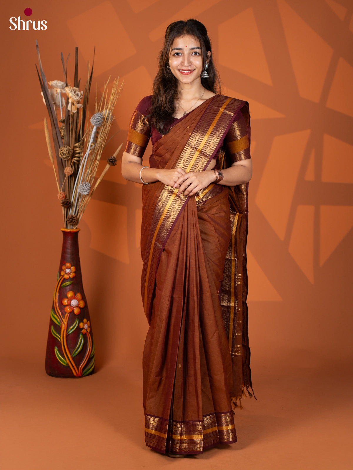 Brown & Maroon - Chettinad Mix Cotton Saree - Shop on Shrus.com