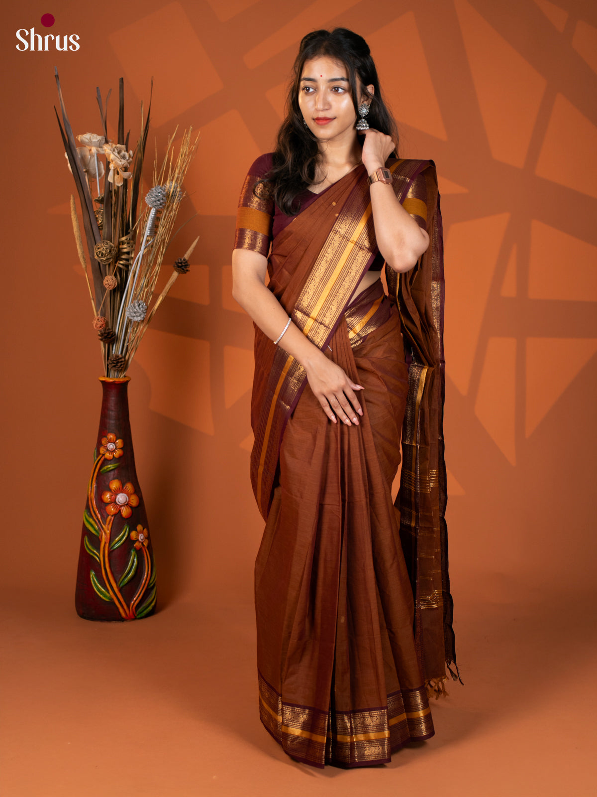 Brown & Maroon - Chettinad Mix Cotton Saree - Shop on Shrus.com