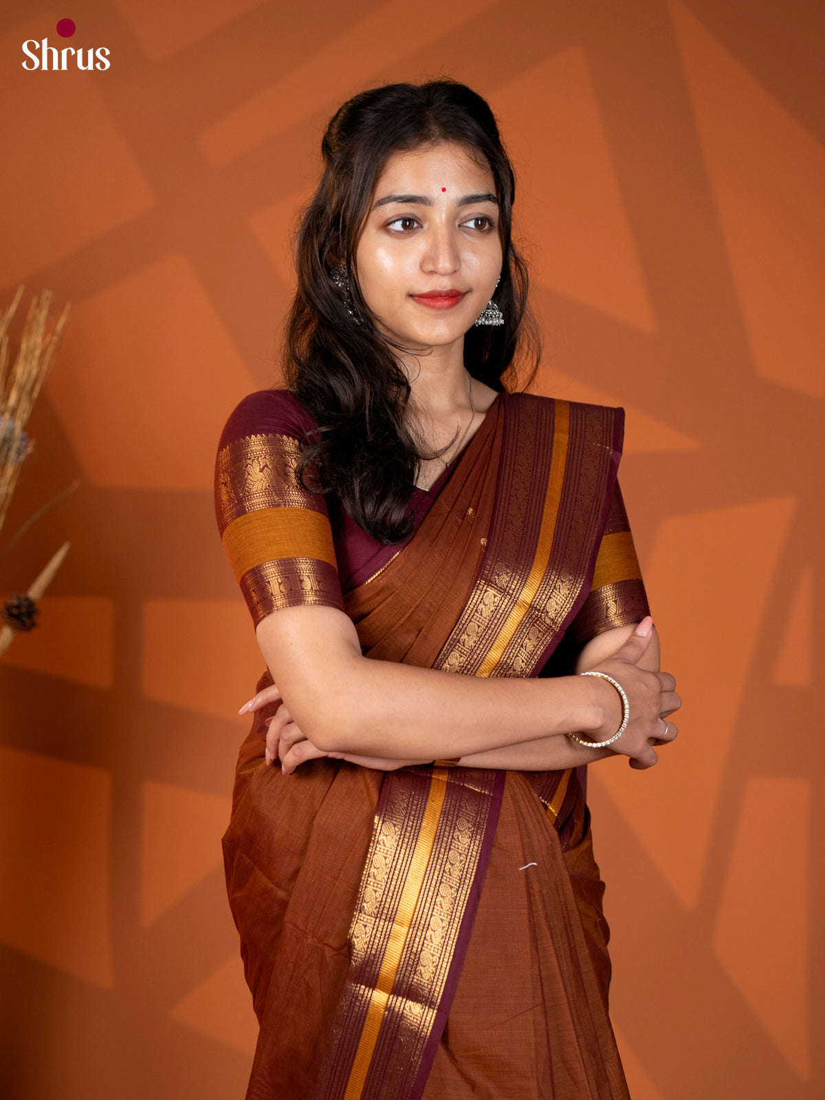 Brown & Maroon - Chettinad Mix Cotton Saree - Shop on Shrus.com