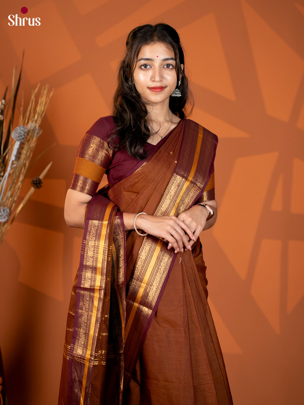 Brown & Maroon - Chettinad Mix Cotton Saree - Shop on Shrus.com