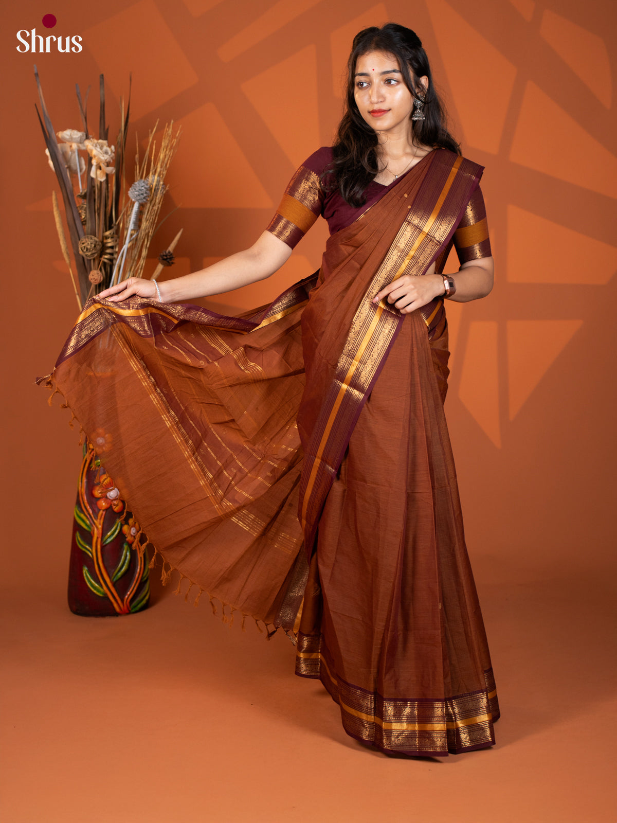 Brown & Maroon - Chettinad Mix Cotton Saree - Shop on Shrus.com