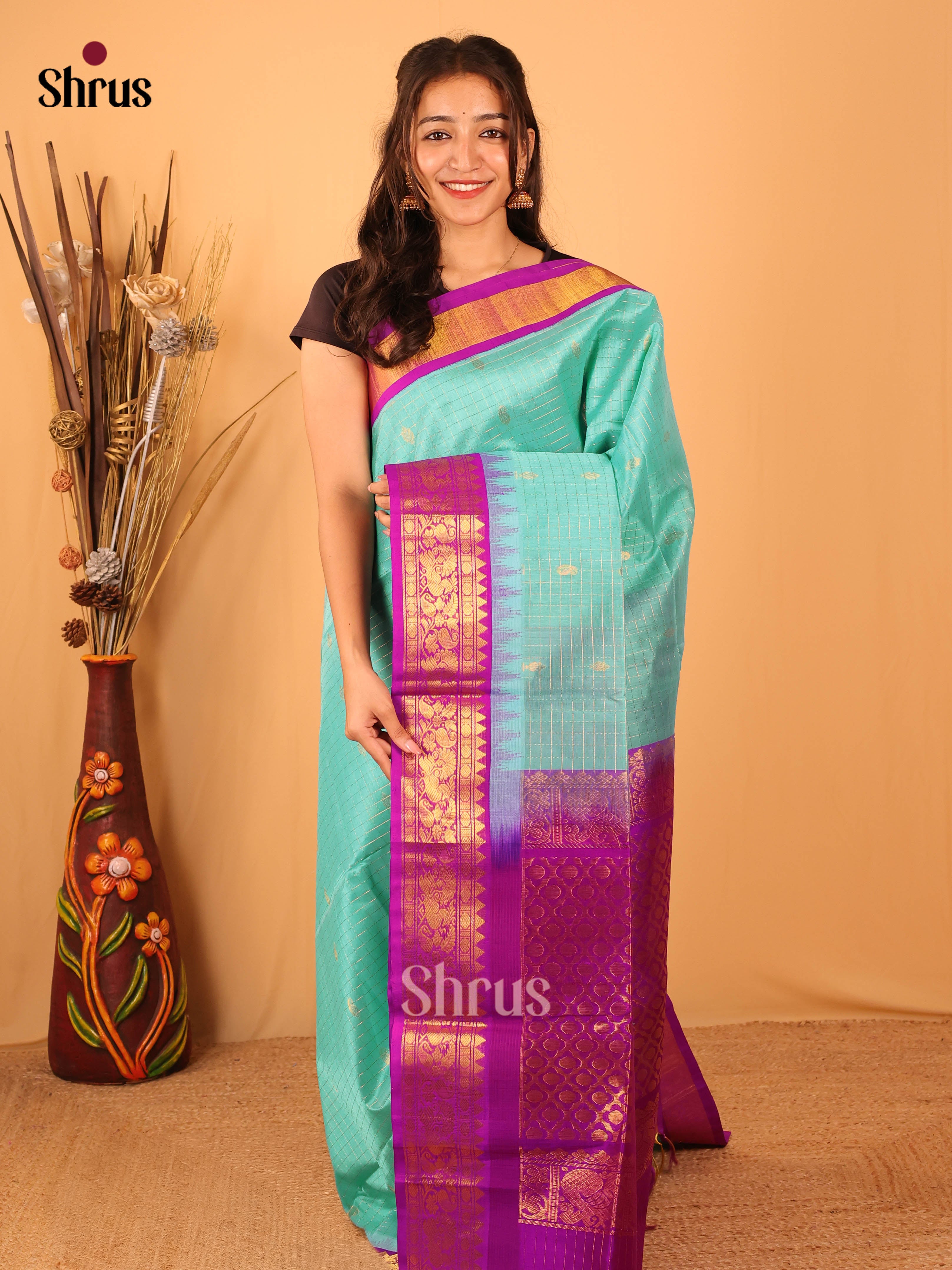 Blue & Majenta - Silk Cotton Saree - DBS10001 - Shop on Shrus.com