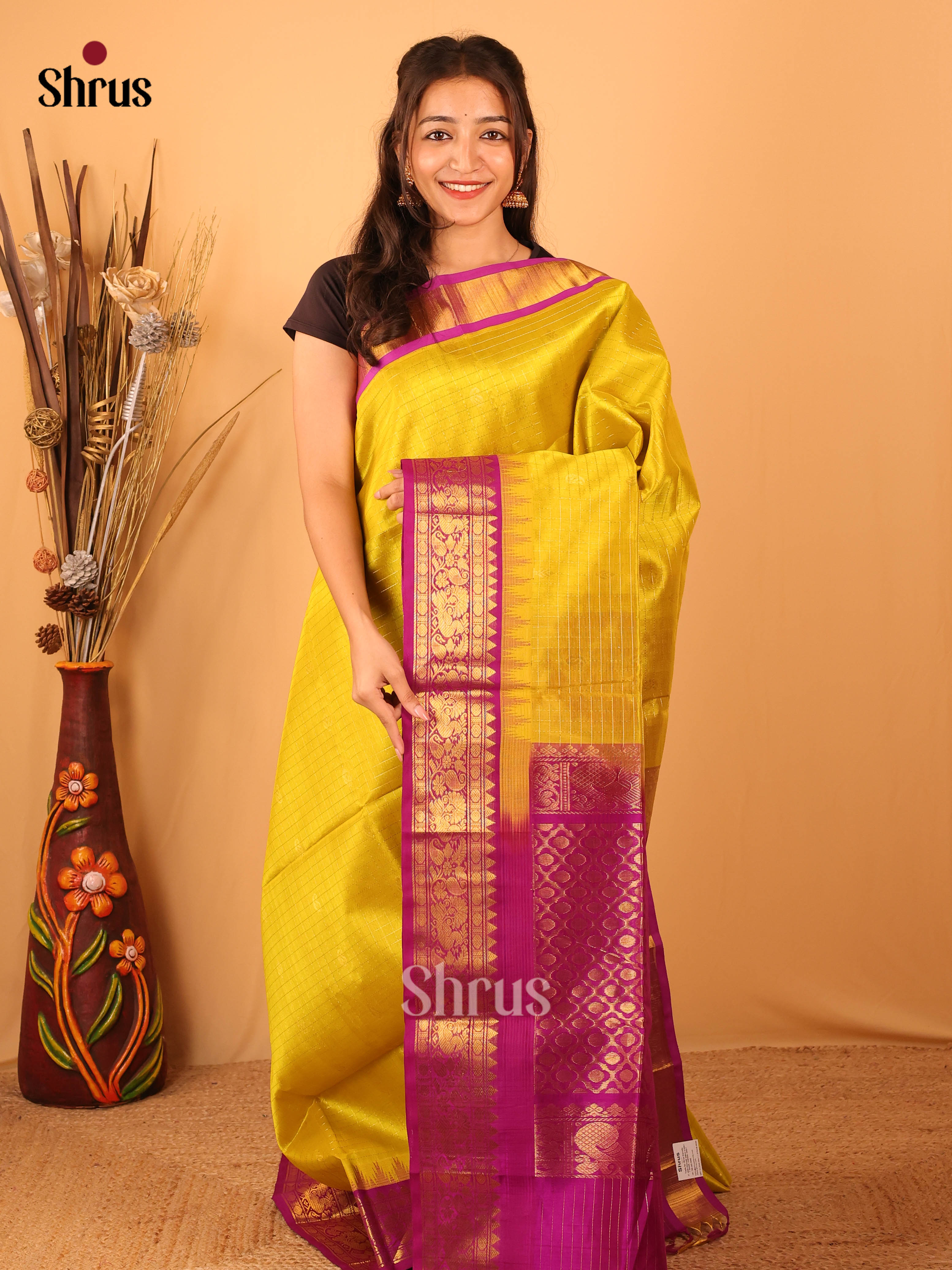 Mustard & Purple- Silk Cotton Saree - Shop on Shrus.com