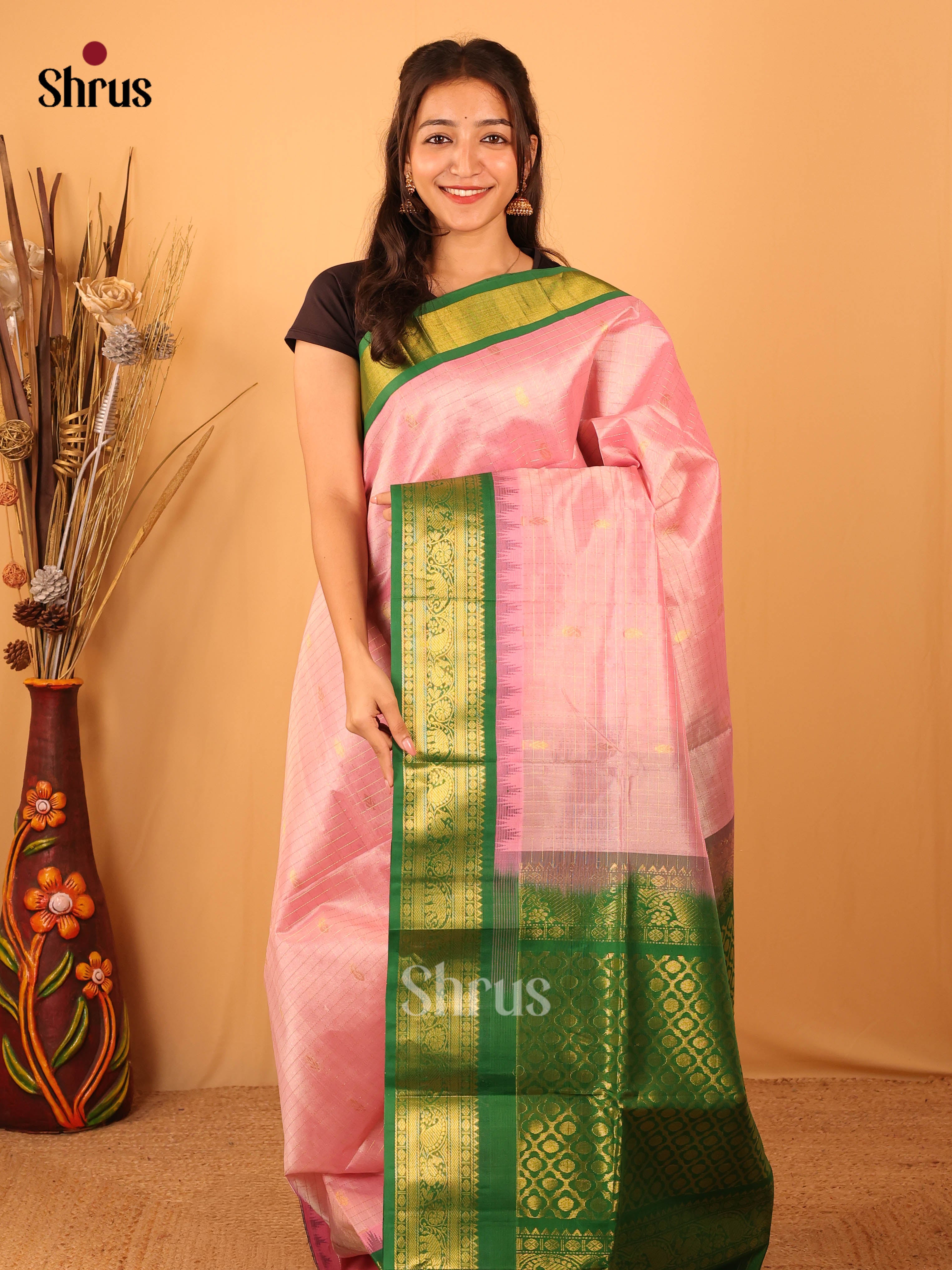 Pink & Green - Silk Cotton Saree - Shop on Shrus.com