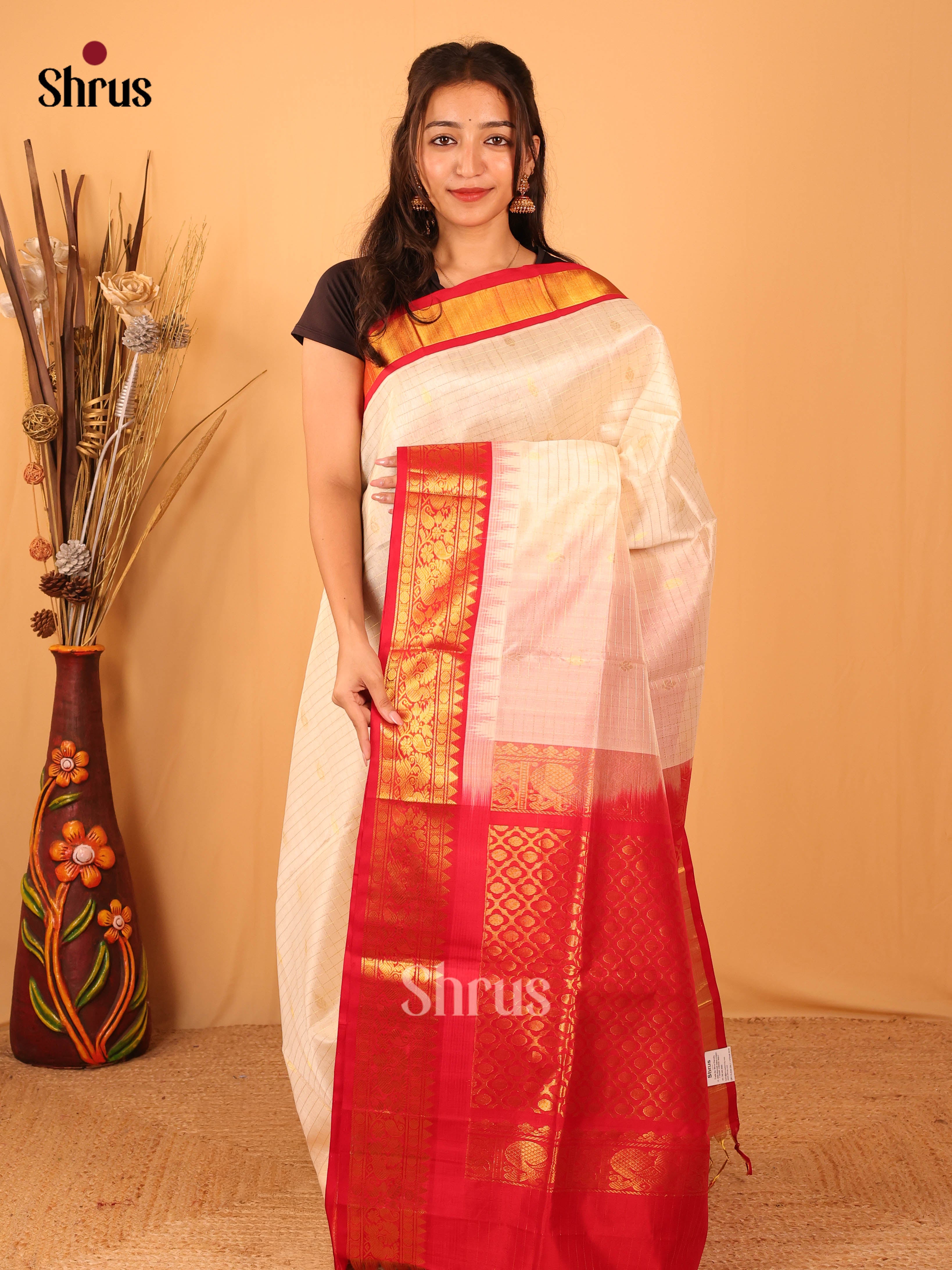 Cream & Red - Silk Cotton Saree - Shop on Shrus.com