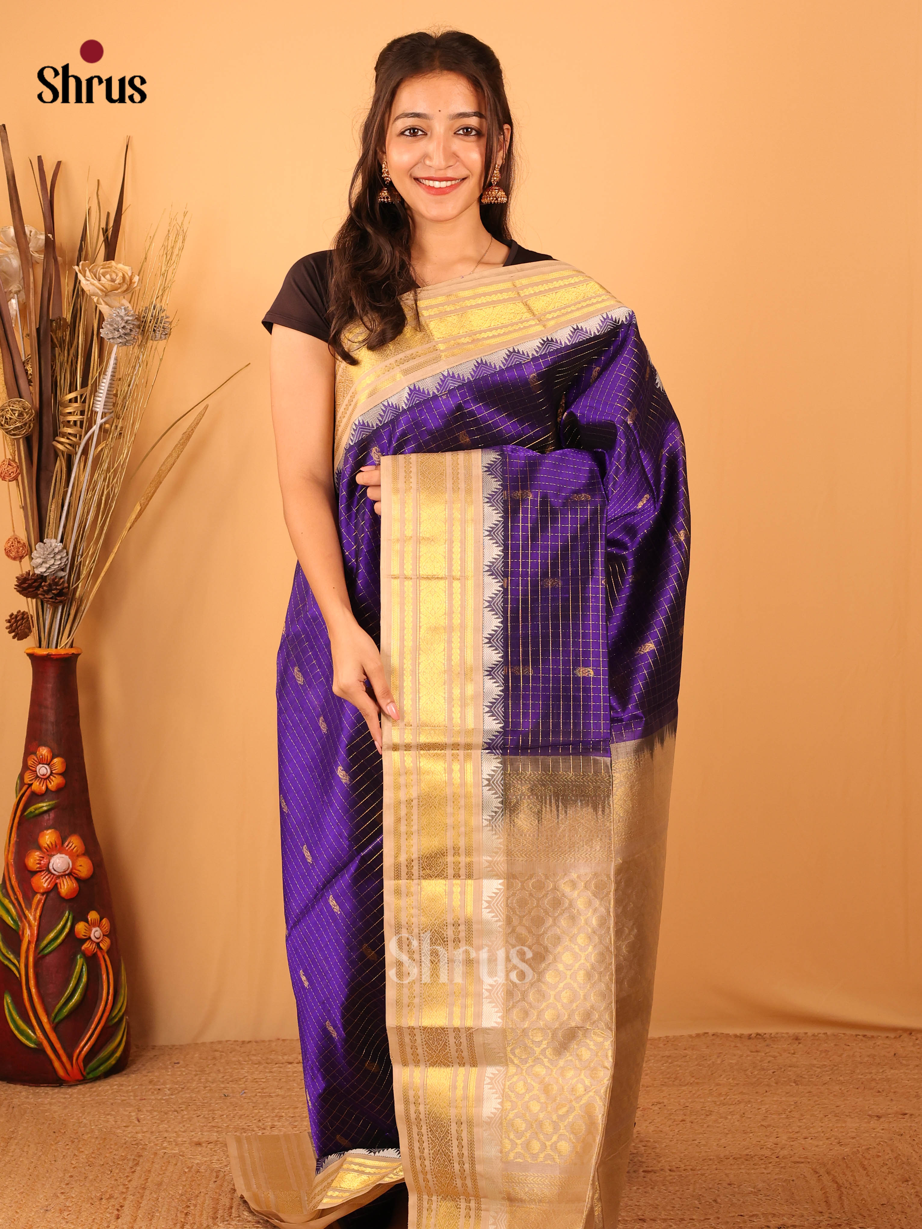 Violet & Cream - Silk Cotton Saree - Shop on Shrus.com