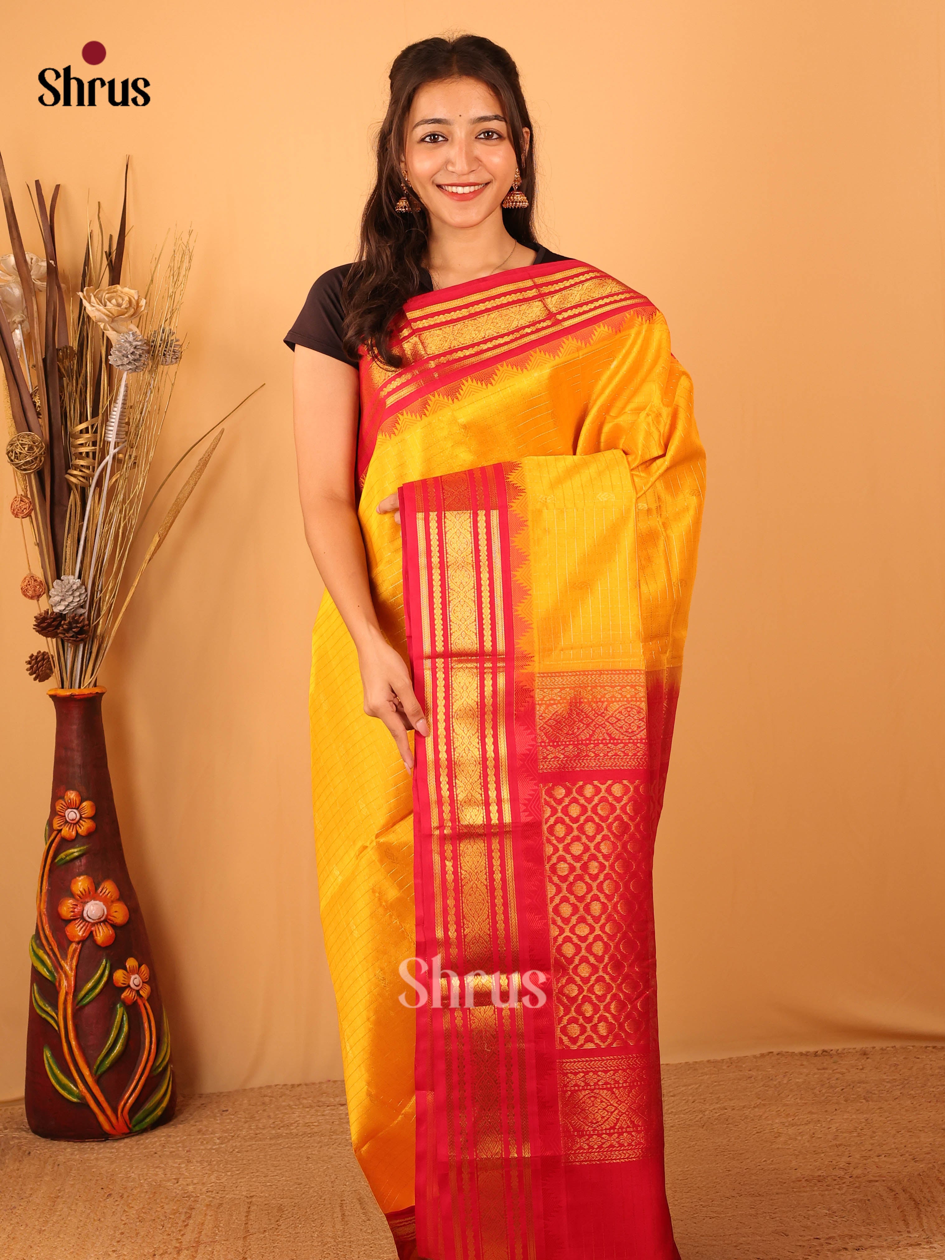 Yellow & Red - Silk Cotton Saree - Shop on Shrus.com
