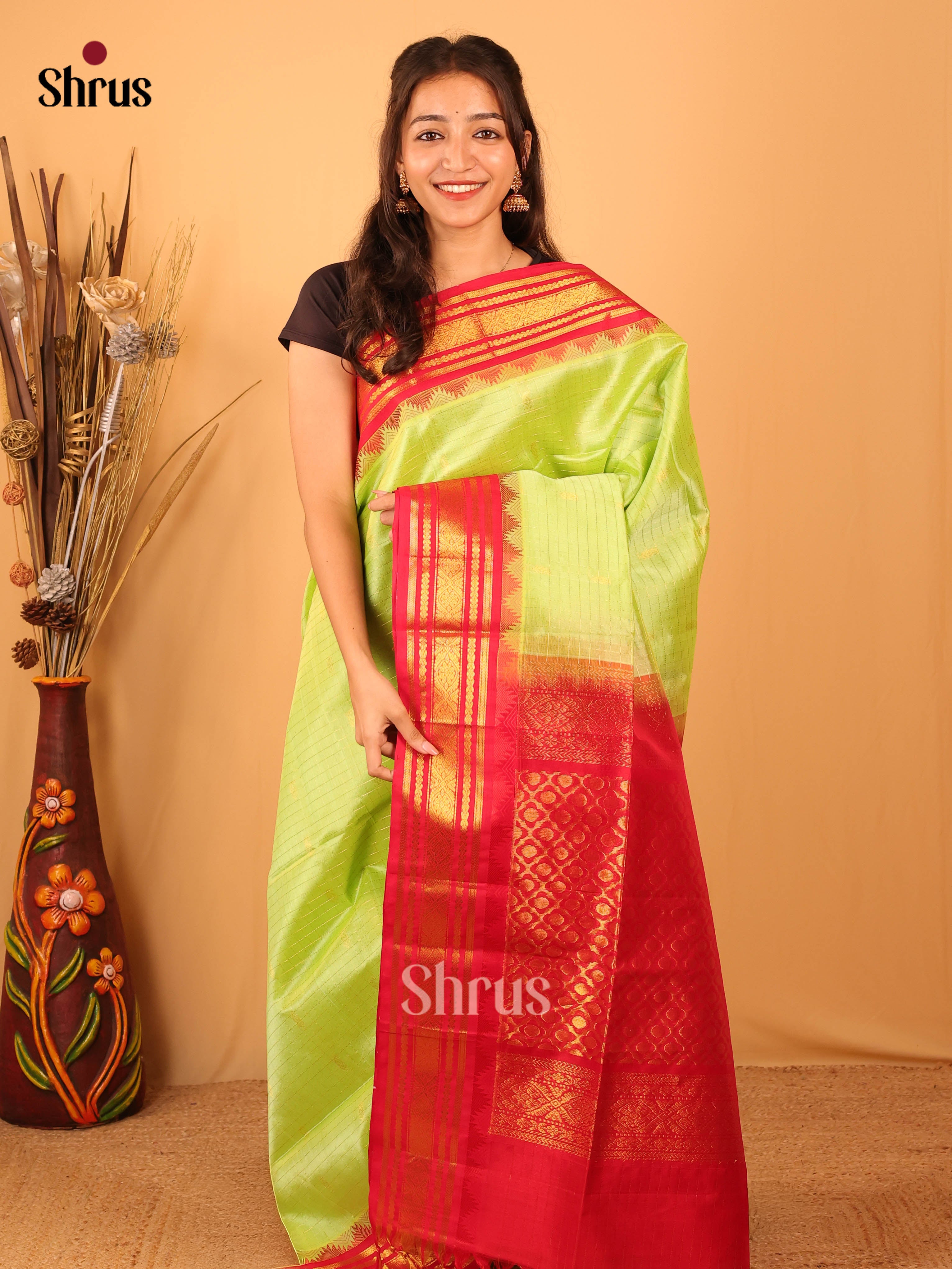 Apple Green & Red - Silk Cotton Saree - Shop on Shrus.com