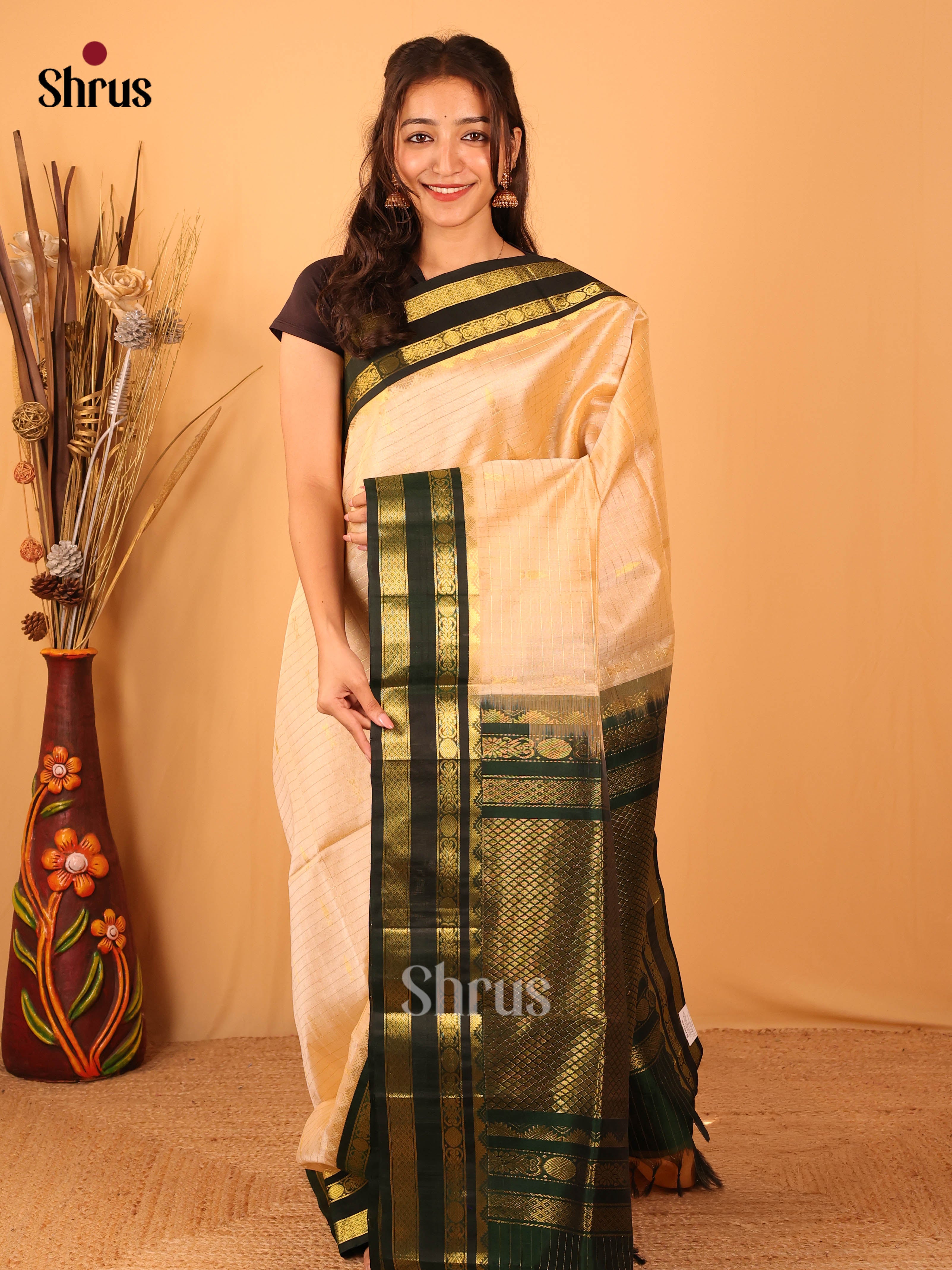 Peach & Green- Silk Cotton Saree - Shop on Shrus.com