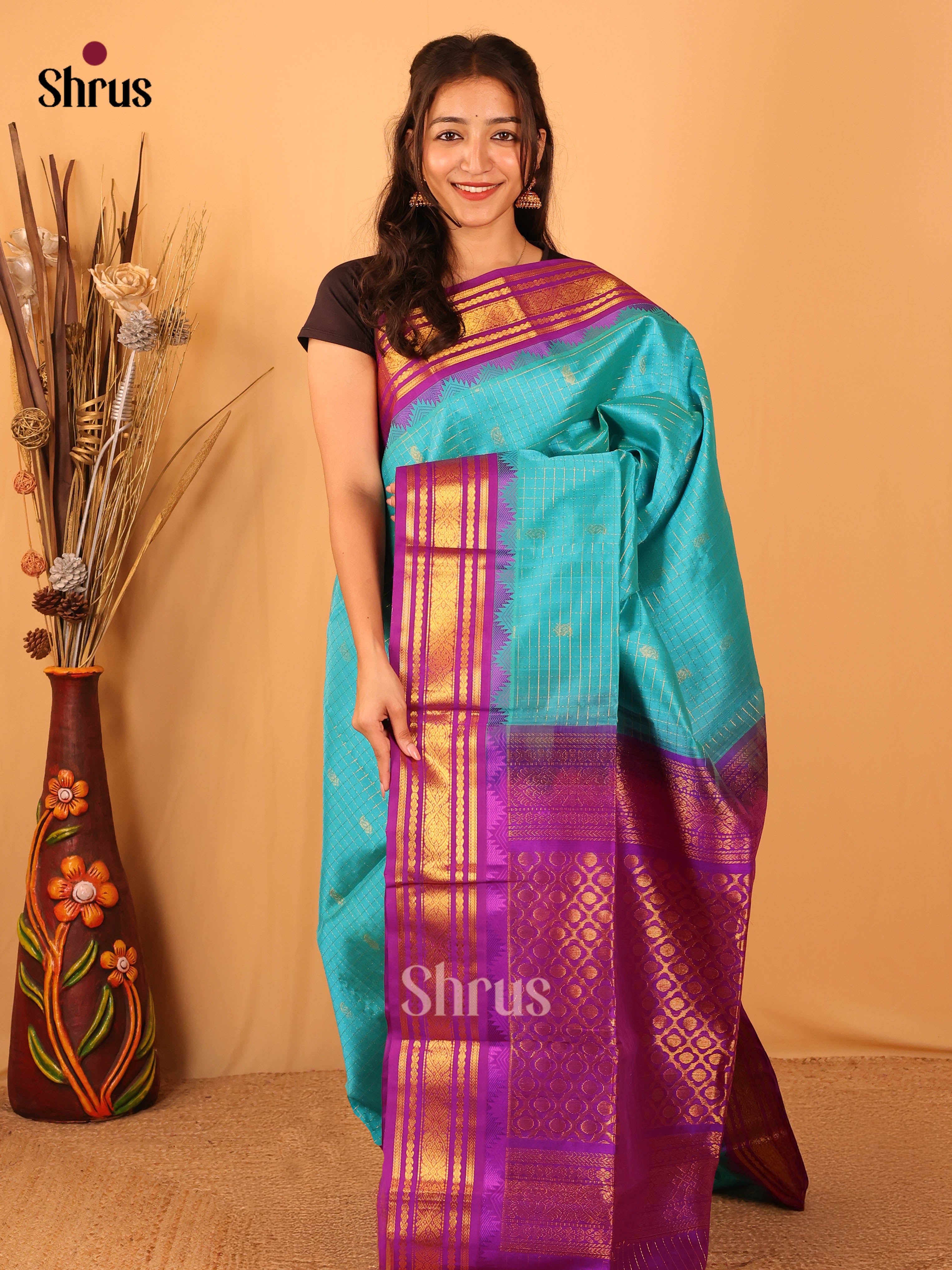 Blue & Pink - Silk Cotton Saree - Shop on Shrus.com