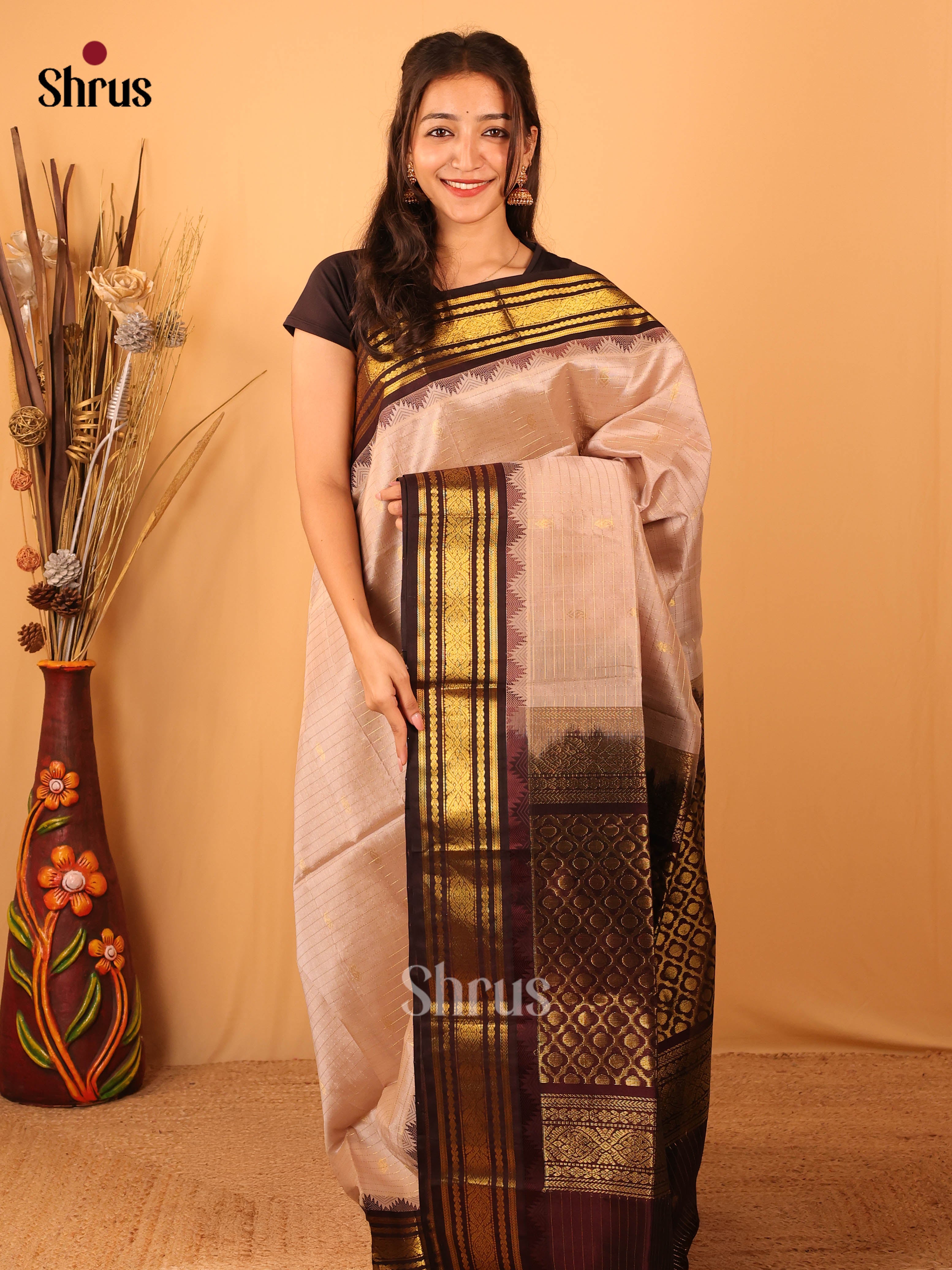 Dusty Brown & Brown - Silk Cotton Saree - Shop on Shrus.com