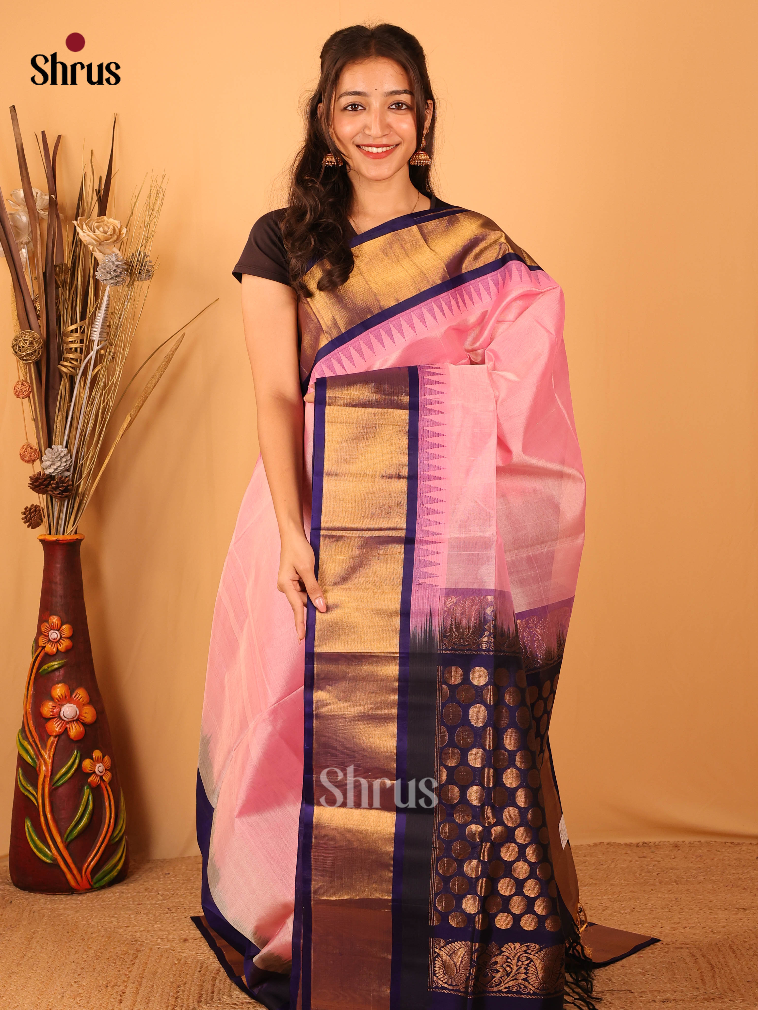 Pink & Blue - Silk Cotton Saree - Shop on Shrus.com