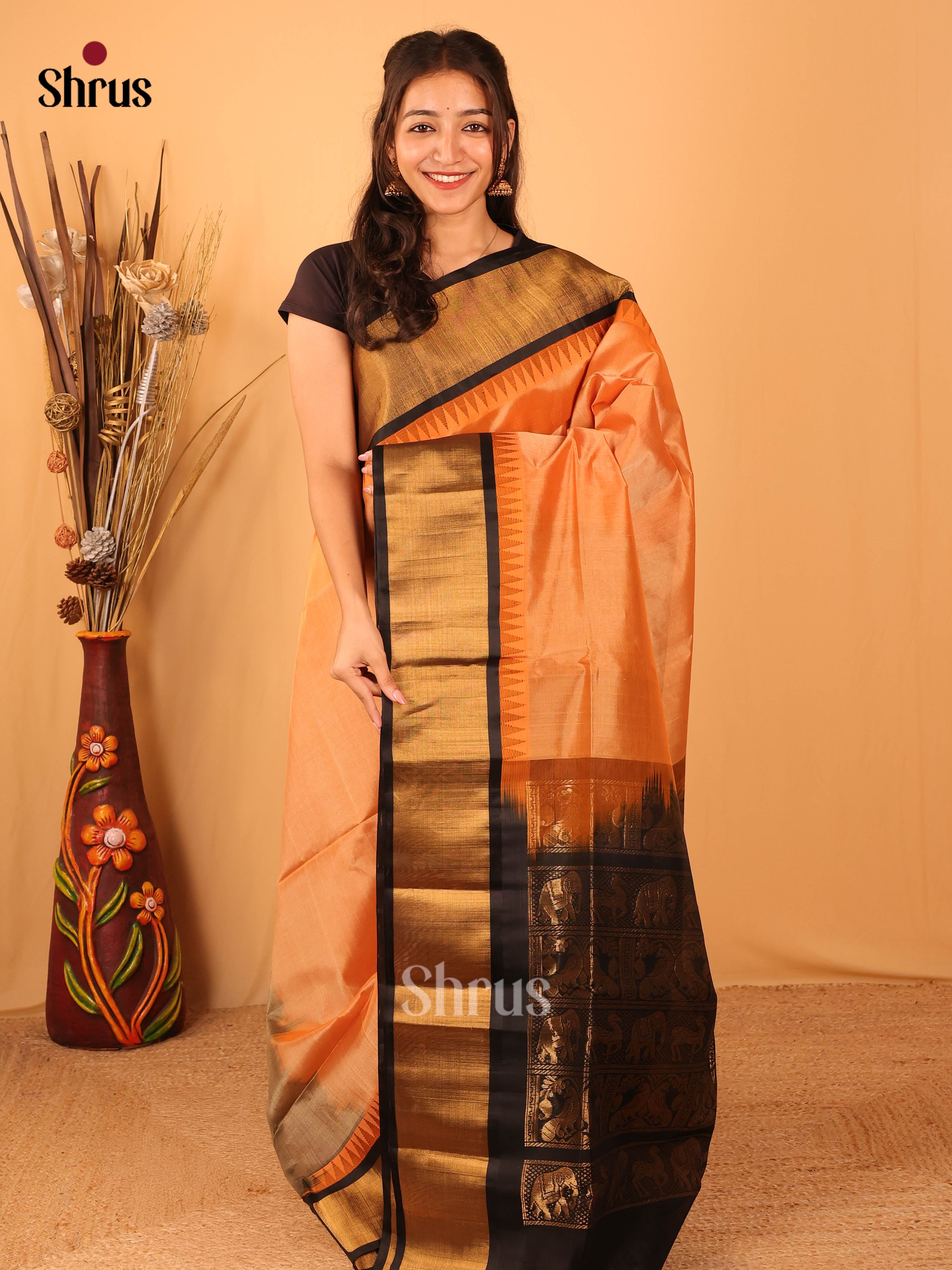 Orange & Black - Silk Cotton Saree - Shop on Shrus.com