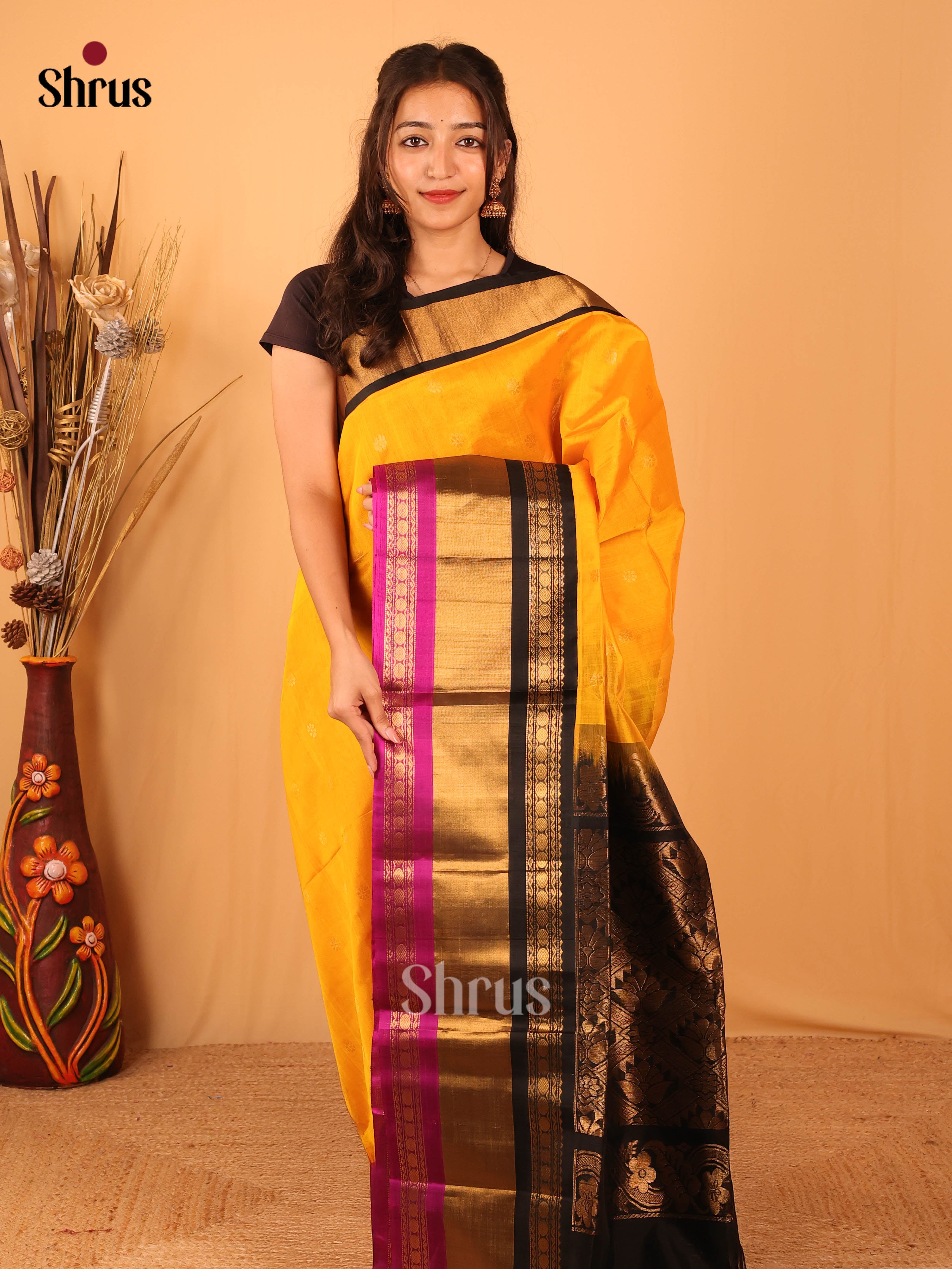Mustard & Black - Silk Cotton Saree - Shop on Shrus.com
