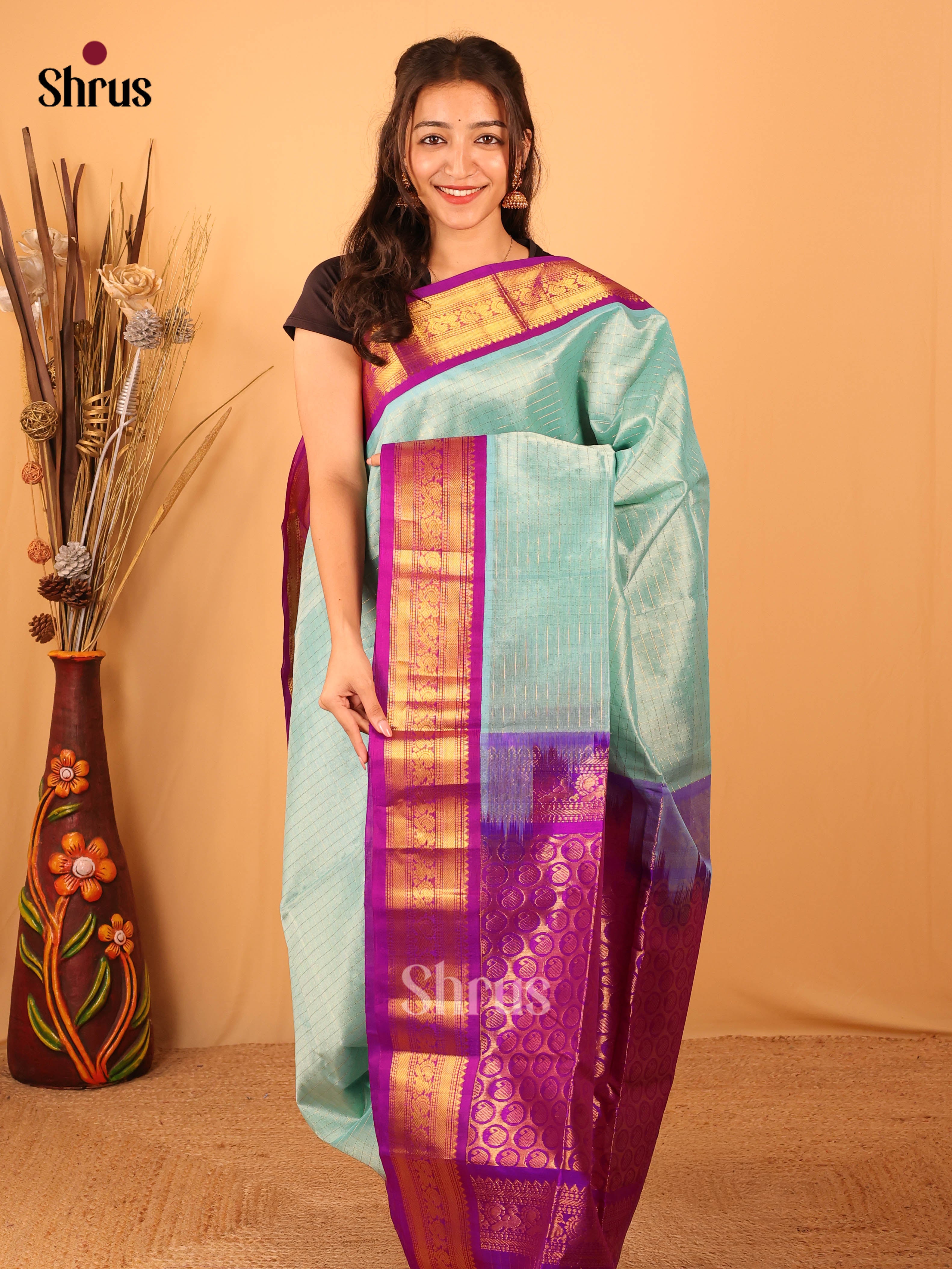 Blue & Majenta - Silk Cotton Saree - Shop on Shrus.com