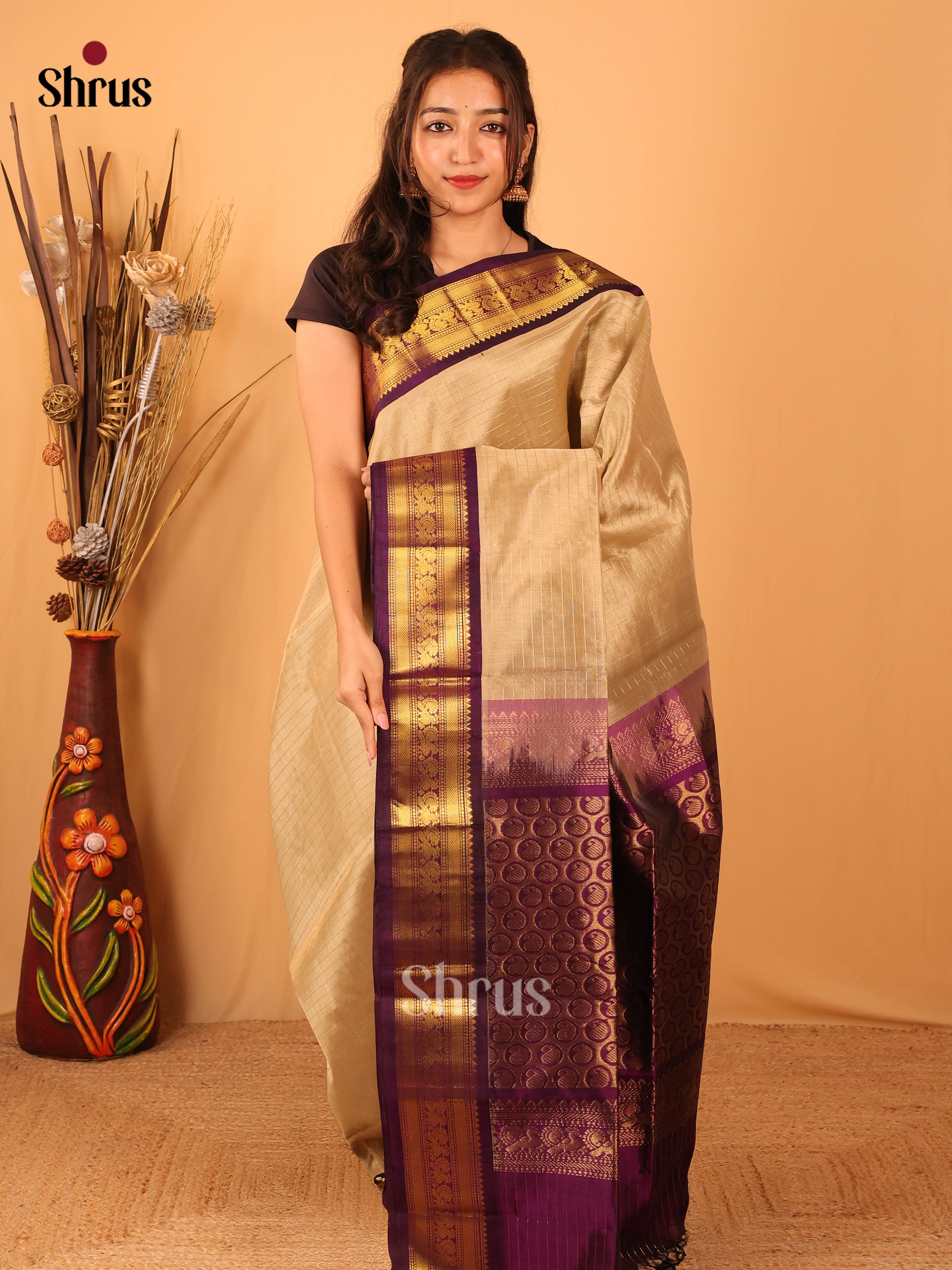 Beige & Purple - Silk Cotton Saree - Shop on Shrus.com