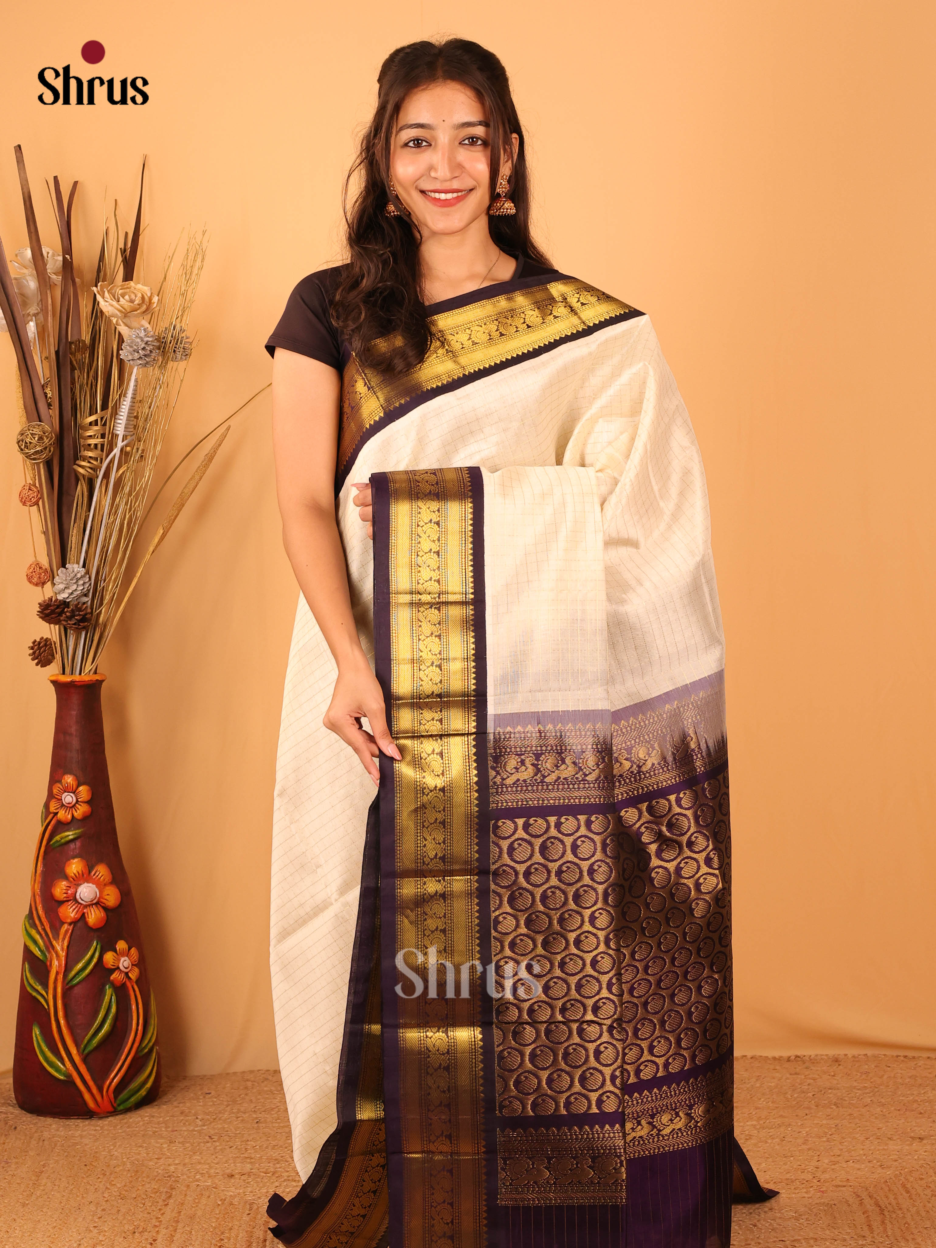 Cream & Purple- Silk Cotton Saree - Shop on Shrus.com