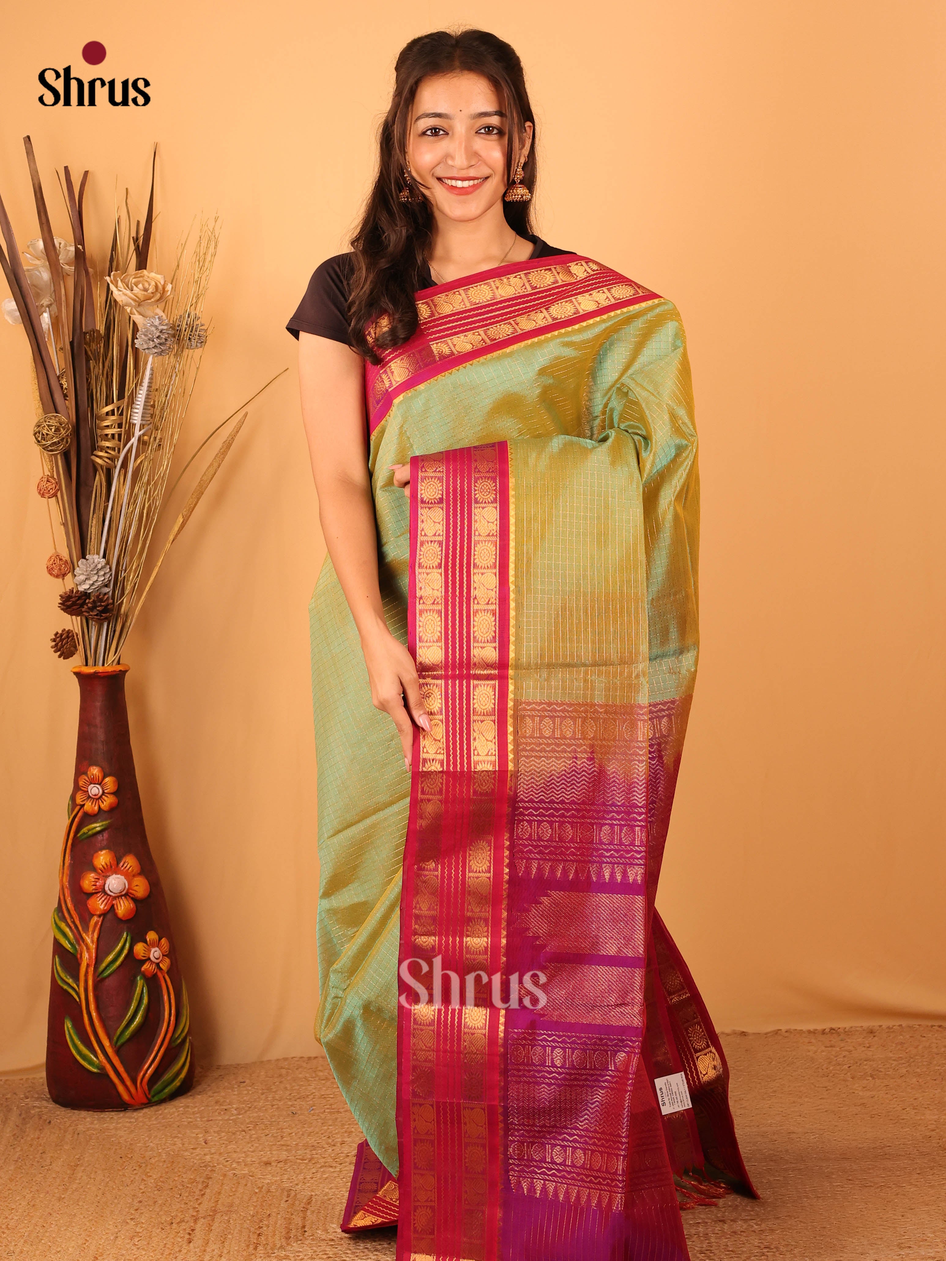Green & Purple- Silk Cotton Saree - Shop on Shrus.com