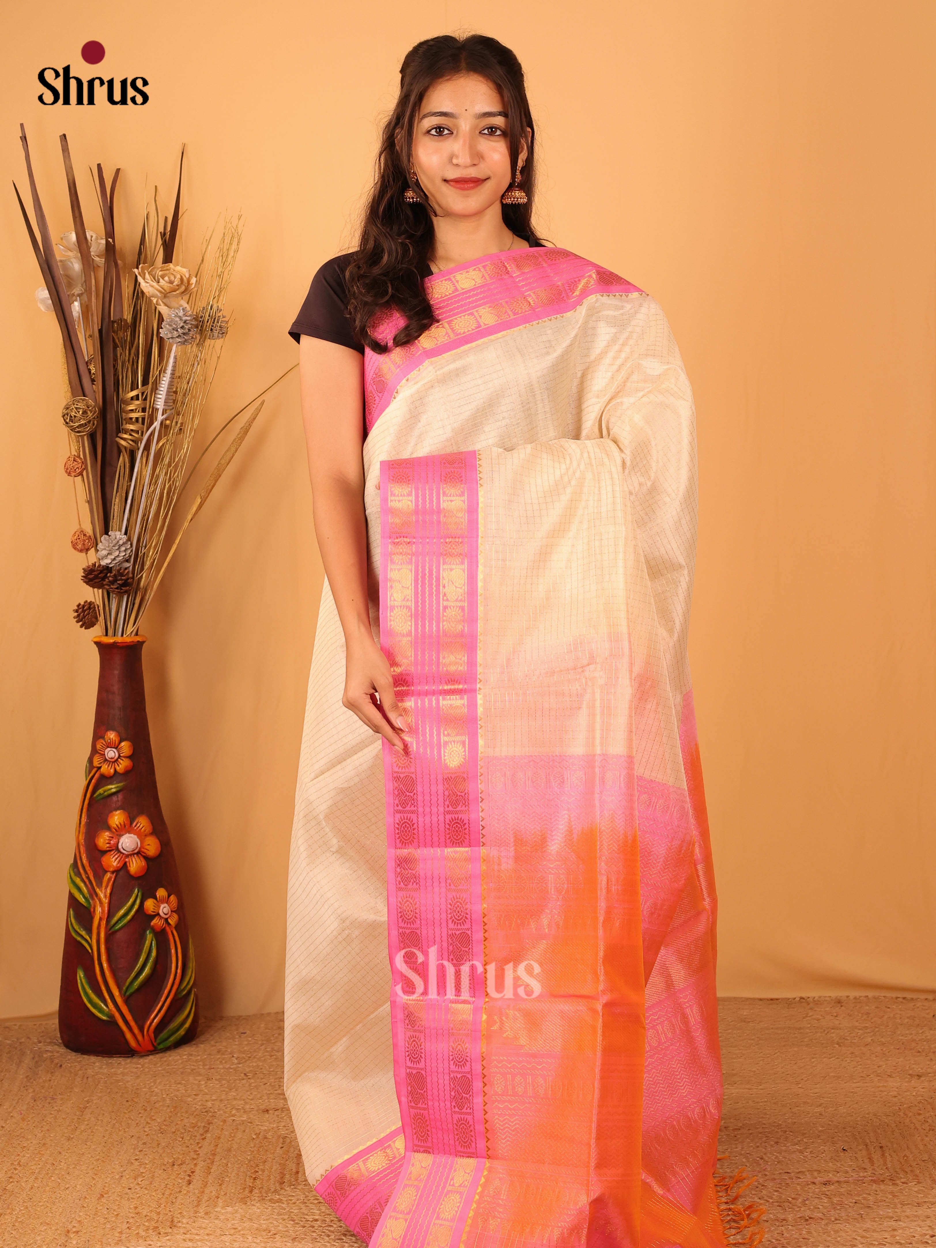 Cream & Pink - Silk Cotton Saree - Shop on Shrus.com