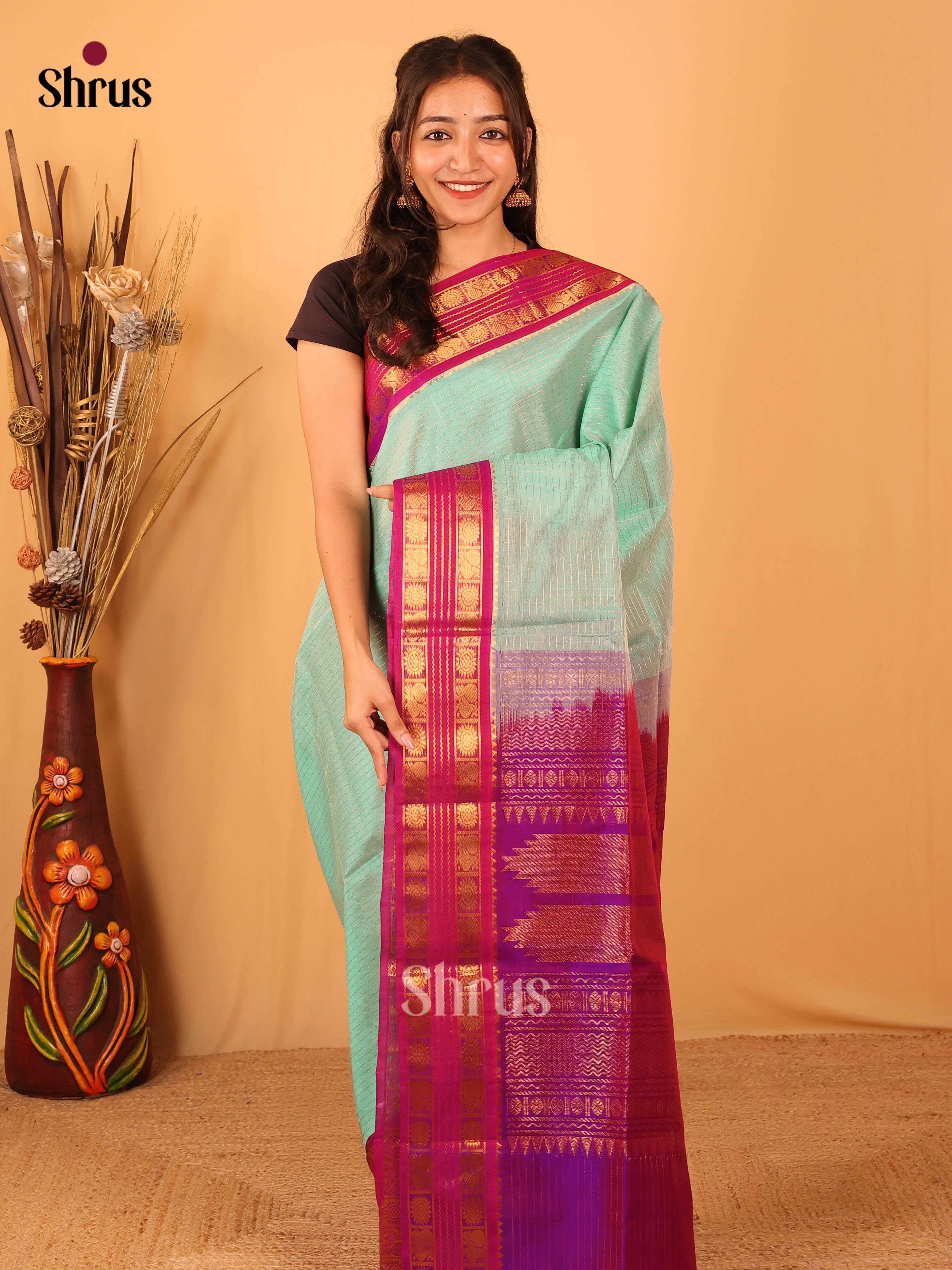 Aqua Green & Purple- Silk Cotton Saree - Shop on Shrus.com